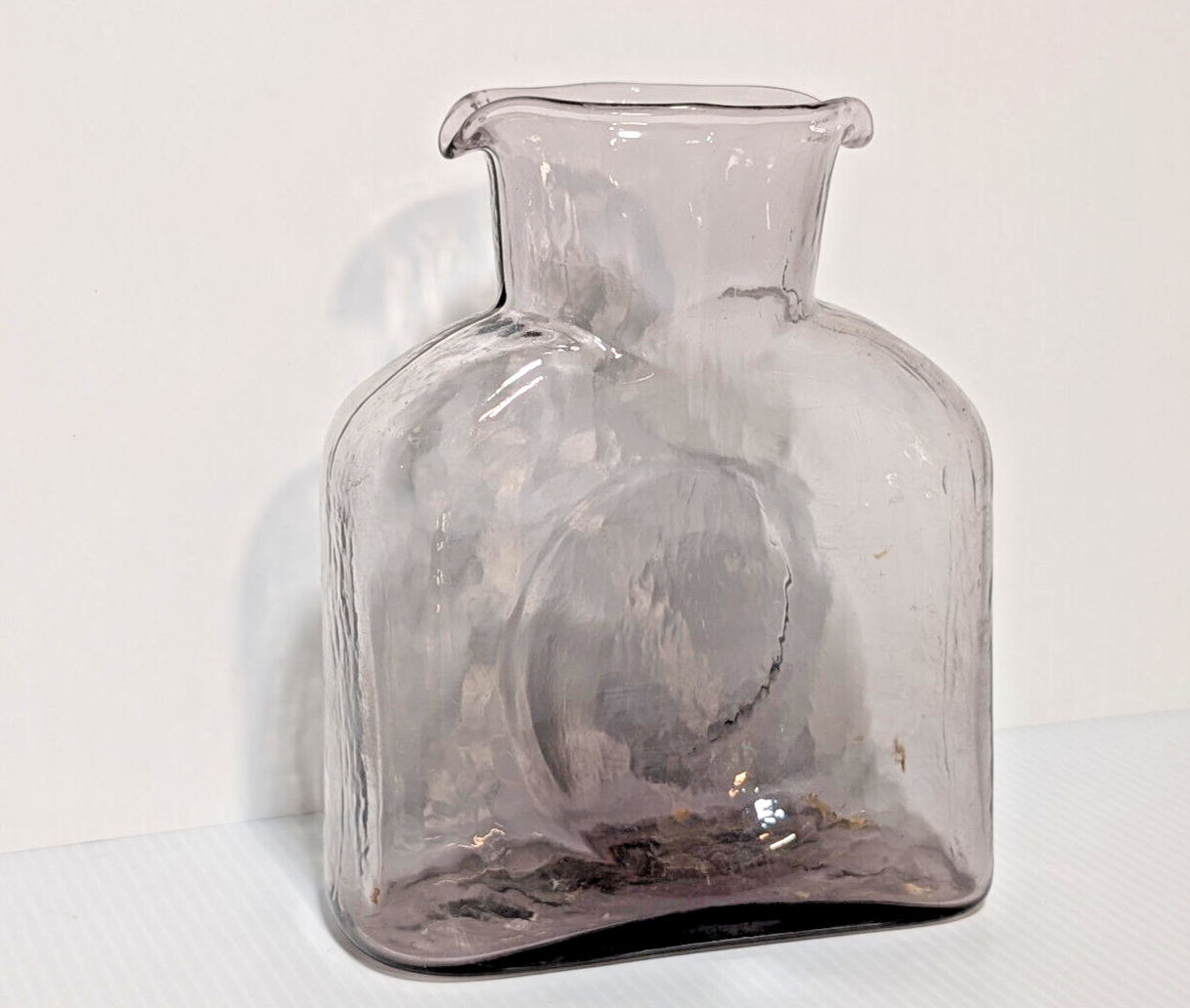 Vintage Blenko Art Glass Carafe, Vase, Grey Smoke, MCM, Textured, Organic Design
