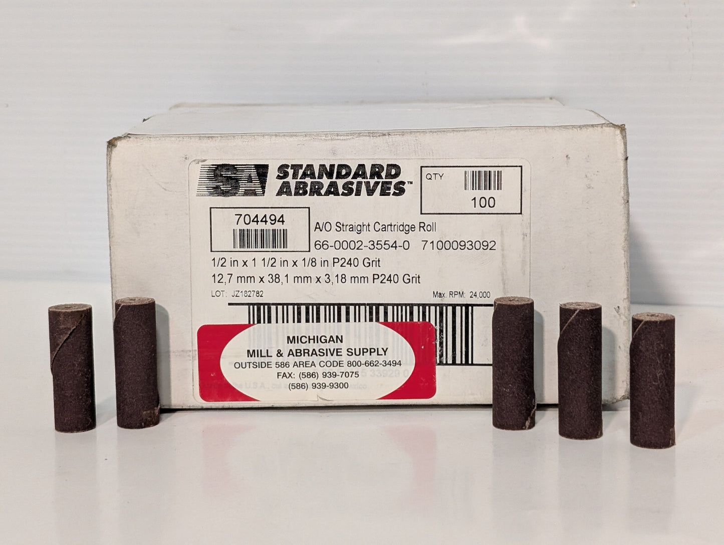 Standard Abrasives #704494 Straight Cartridge Roll P240 Grit, 1/2"x1-1/2"x1/8"