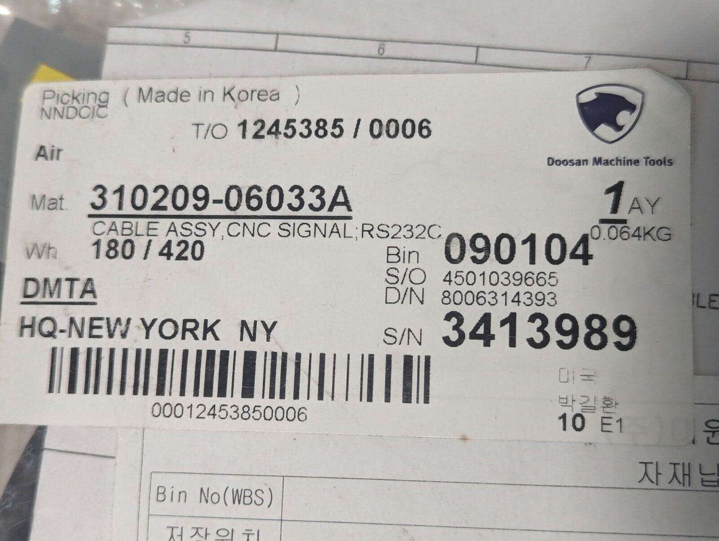 Doosan 310209-06033A Cable Assembly, CNC Signal - Free Shipping