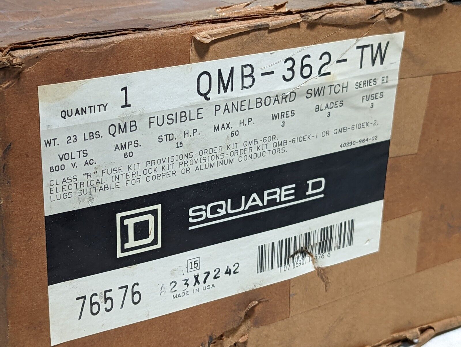 Square D QMB-362-TW QMB fusible panelboard switch, 600VAC, 60A, 15HP, 50HP max