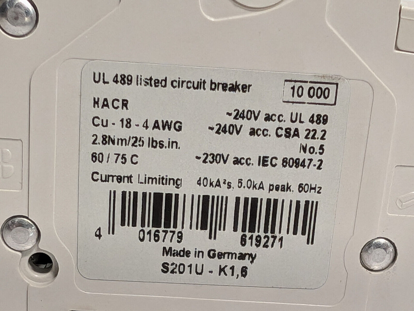 ABB S201U-K1,6 Circuit Breaker, 162K852H01, 1-Pole, 240 VAC, 50/60Hz, E212323