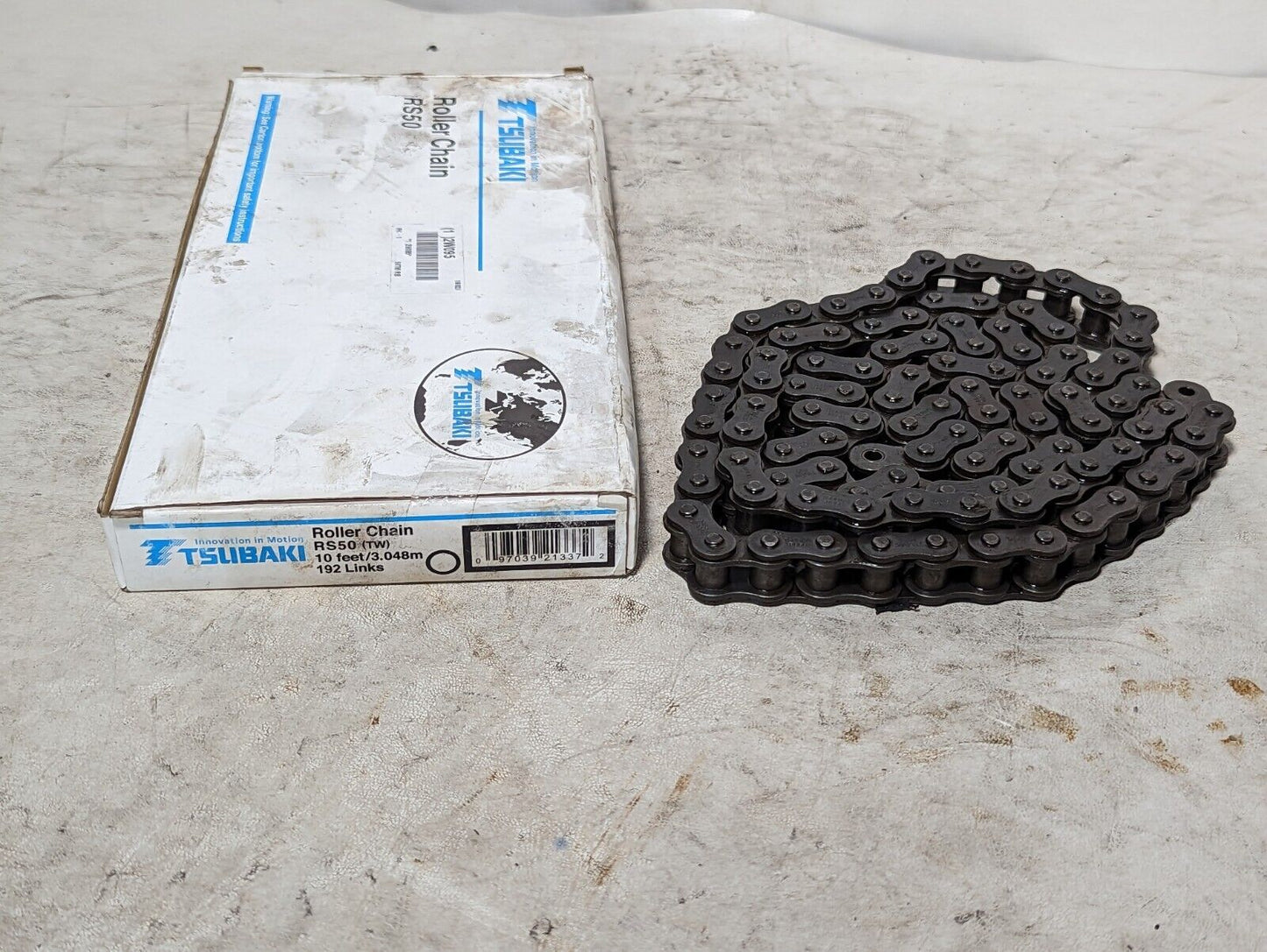 Two boxes of Tsubaki RS50 roller chain, 10 ft: one new old stock, one partial
