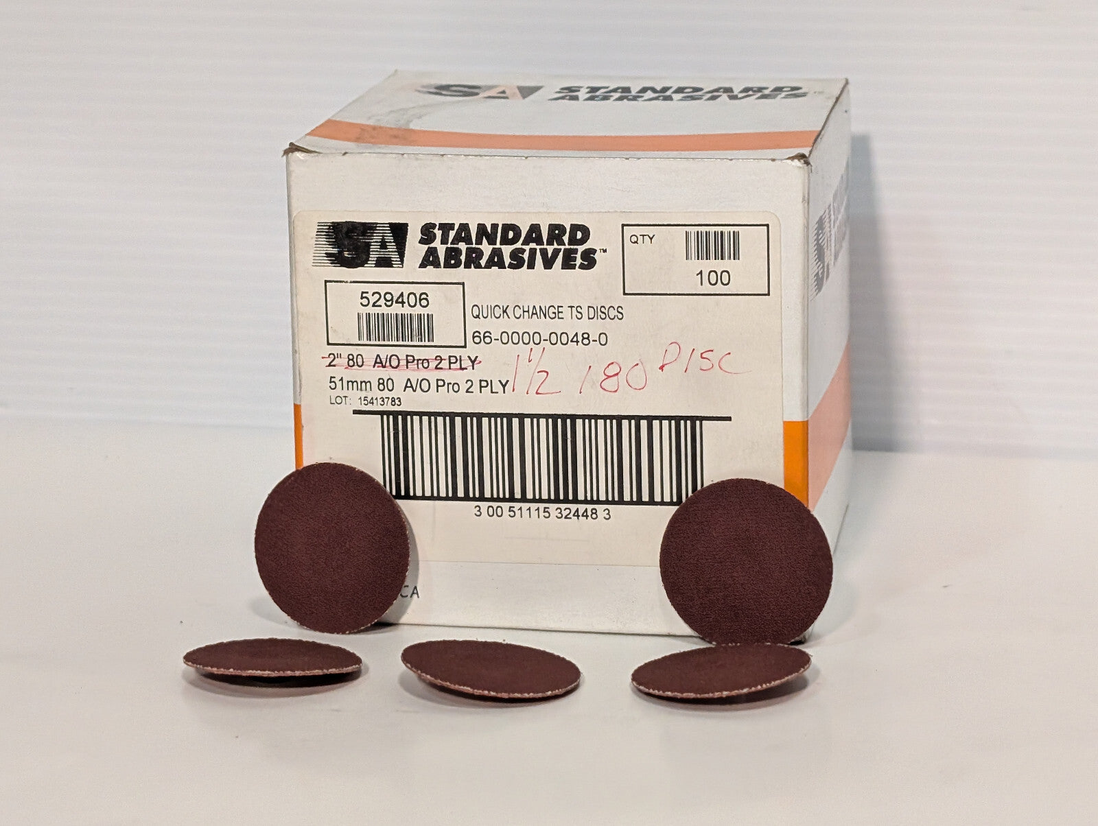 Standard Abrasives 1-1/2", 1.5", Quick Change Discs, 180 Grit, 100 Count Box