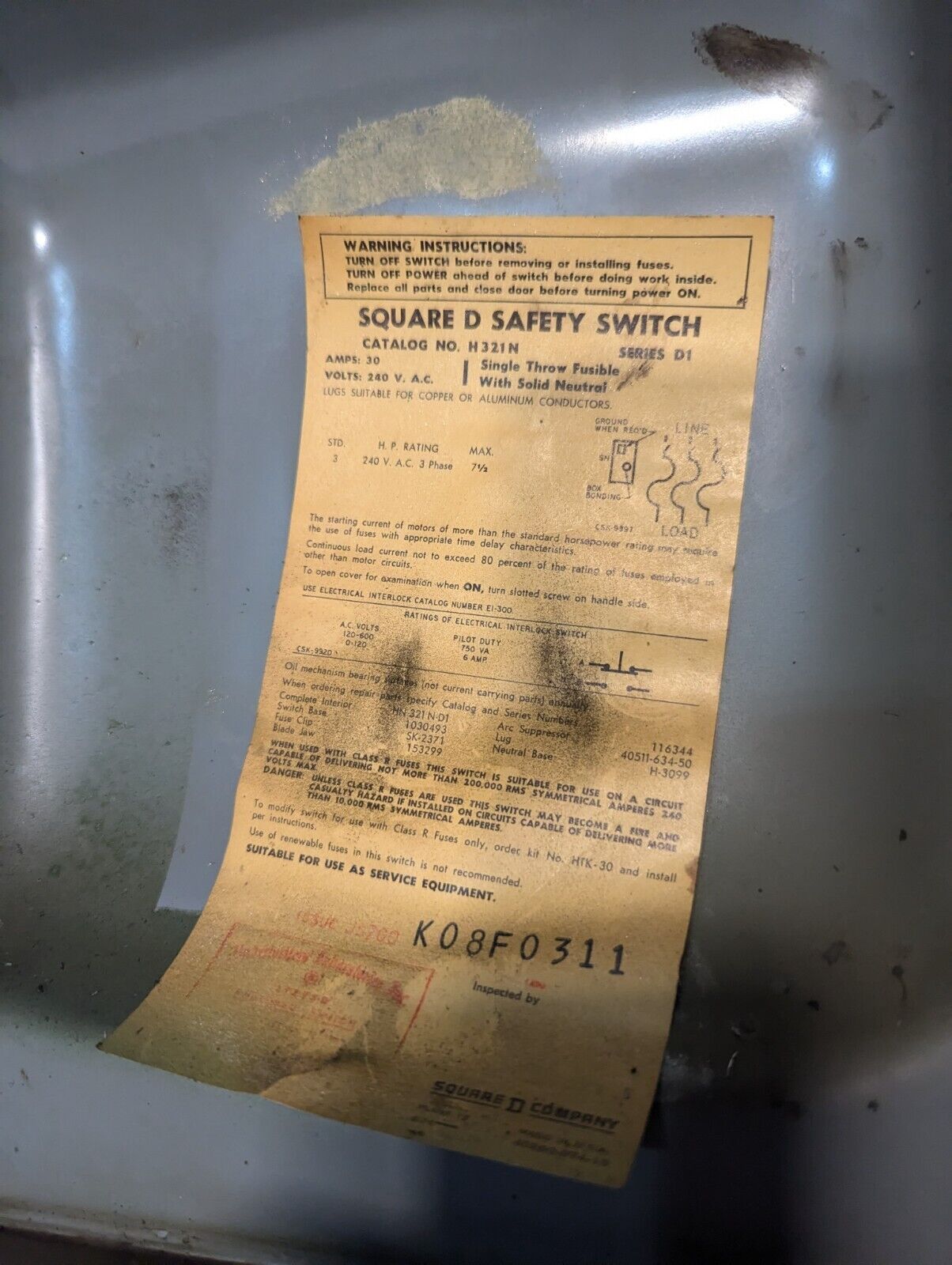 Square D H321N safety switch, 30A, 240VAC single throw fusible - Free Shipping