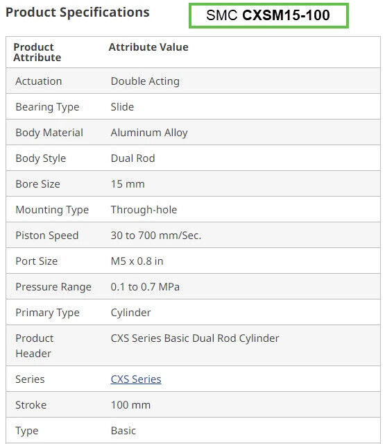 SMC Corporation CXSM15-100 Cylinder, 15mm Bore, 100mm Stroke, Double Acting