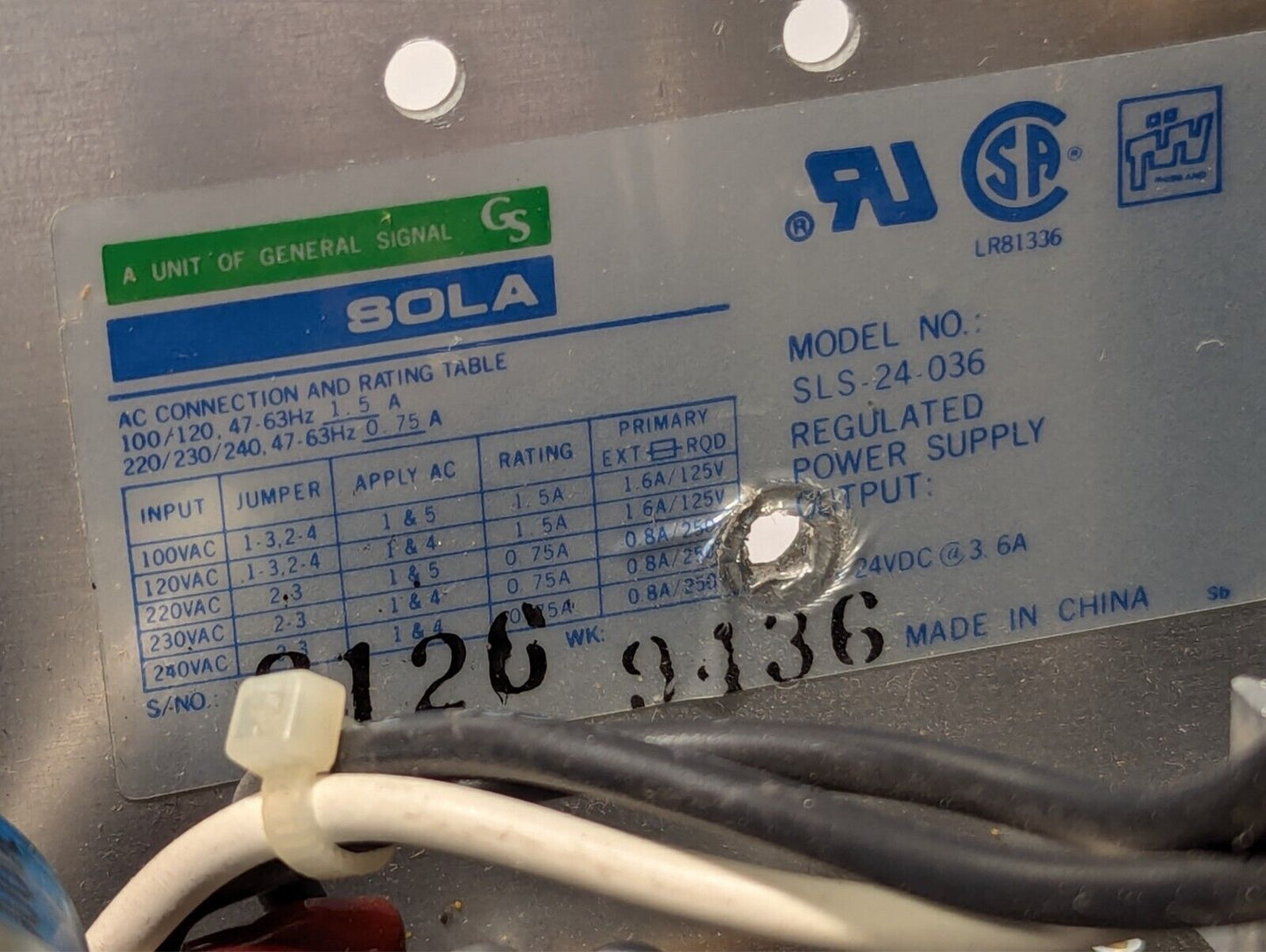 SOLA SLS-24-036 regulated power supply, 24VDC@3.6A out, 100/120/220/230/240VAC