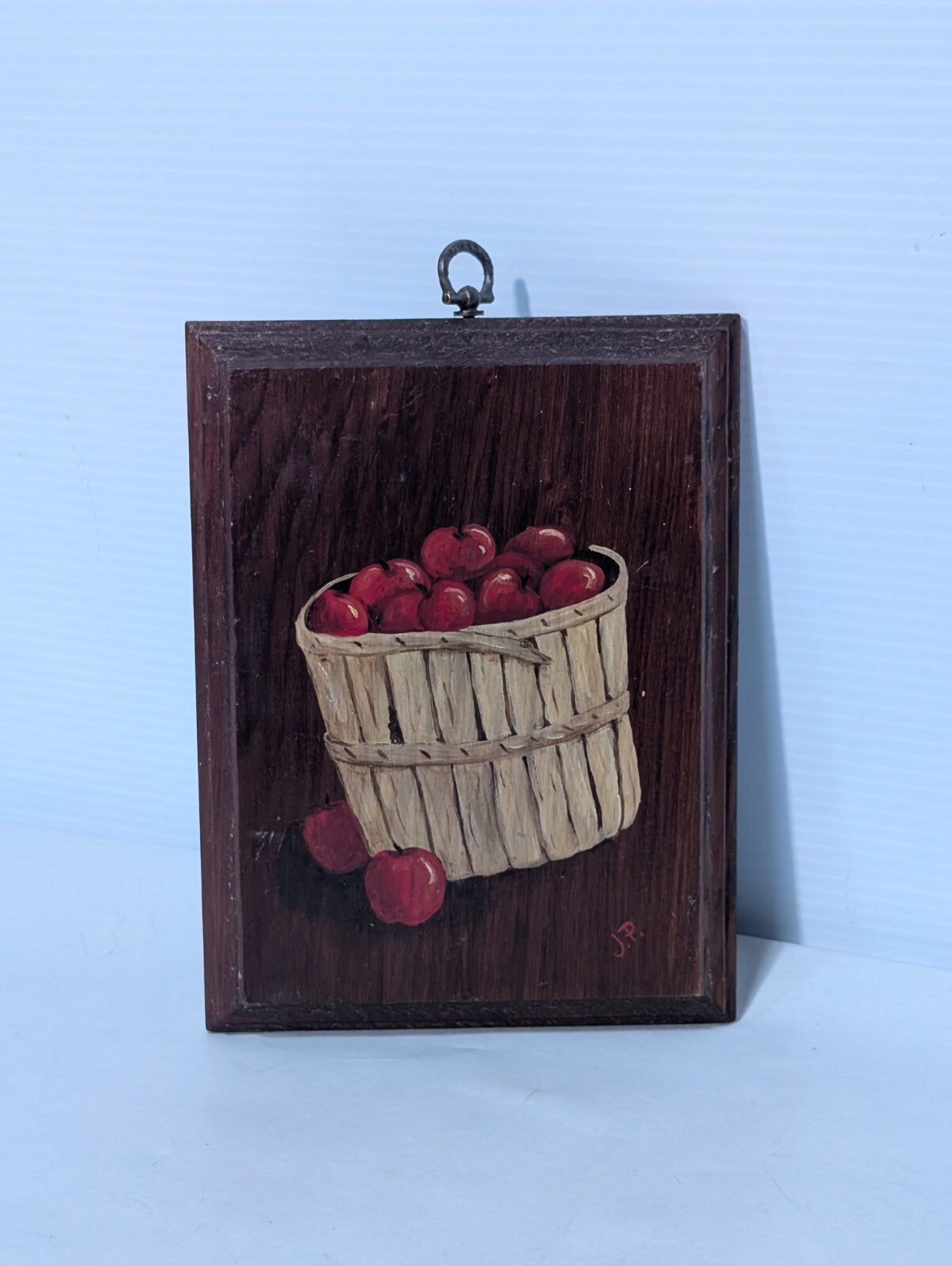 Vintage Hand Painted Bushel of Apples Wood Plaque Rustic Kitsch 5.5" W x 7.25" H