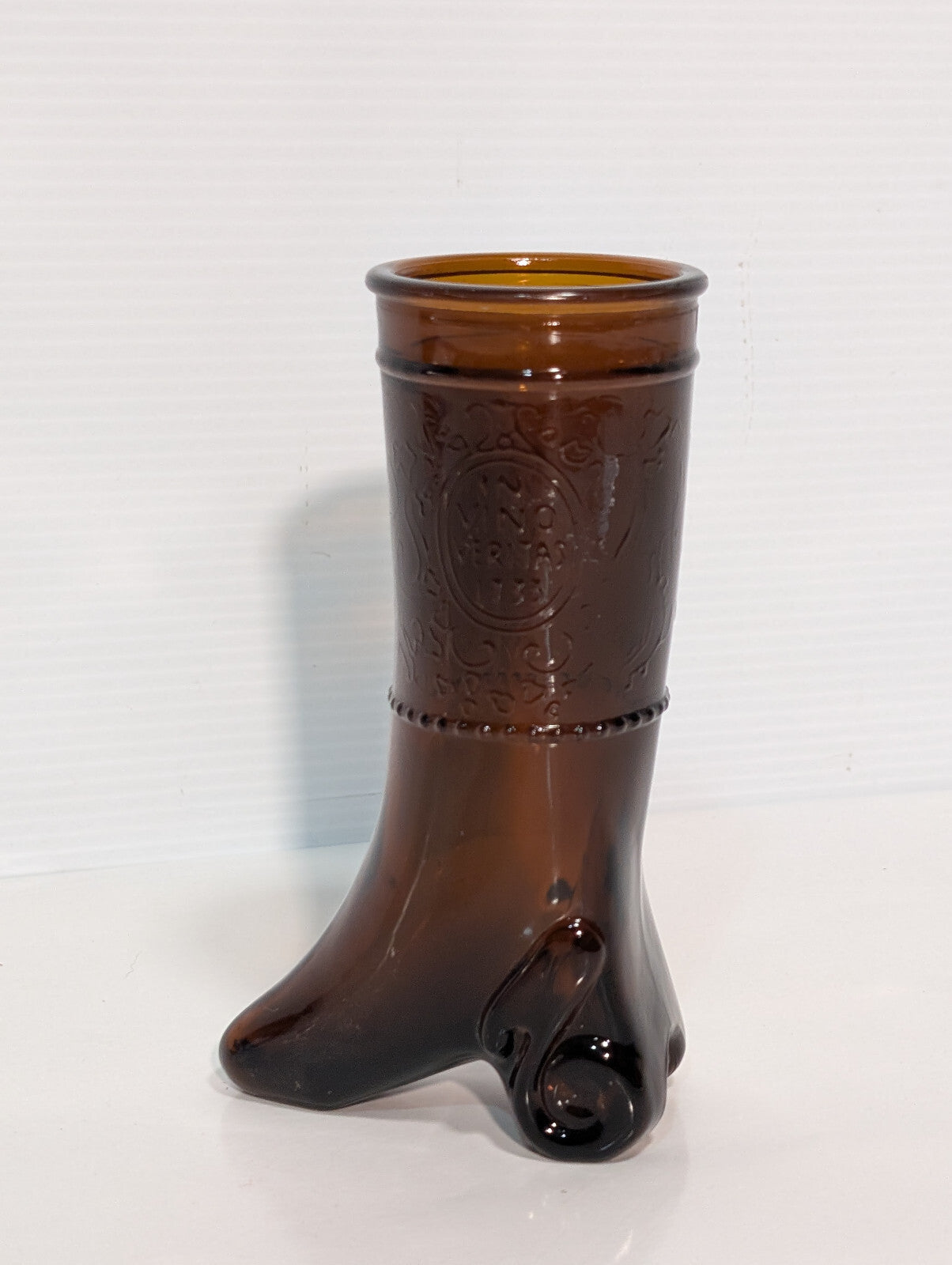 Vintage 1960/70s In Vino Veritas Wine Boot Brown Amber Shot Glass Bud Vase 6"x2"
