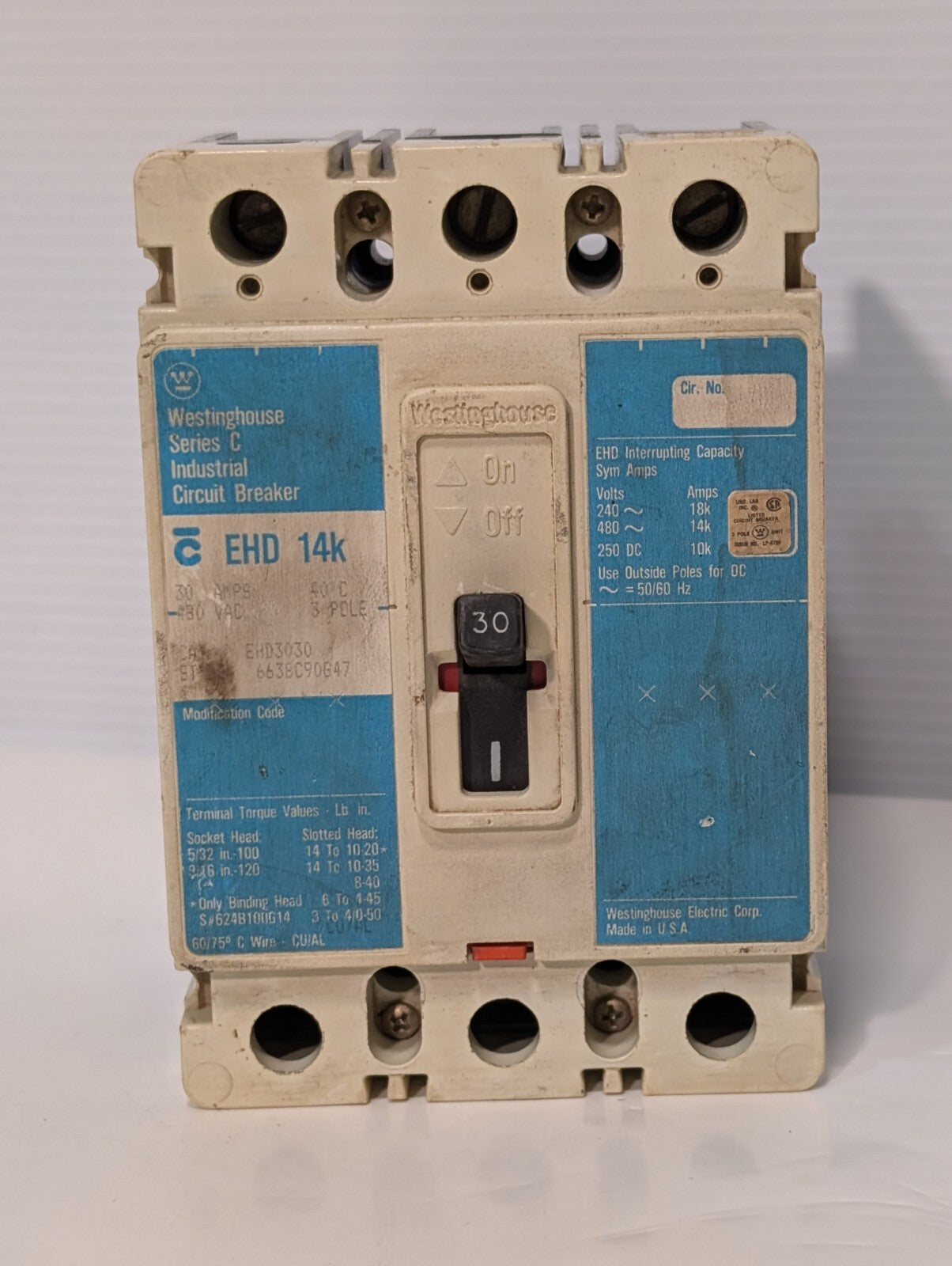 Westinghouse EHD3030 Industrial Circuit Breaker, 3 Pole, 30 Amp, 480vac, 14kA