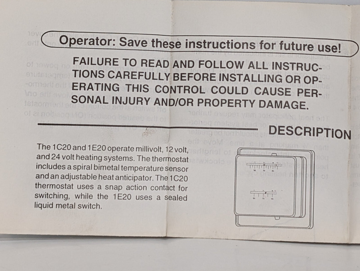 White Rodgers 1C20-1, Heating Thermostat, Low Voltage Snap Action, Model 7202