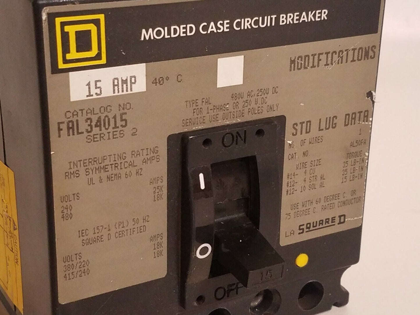 Square D FAL34015 Series 2 Circuit Breaker 3 Pole 15A 480VAC 250VDC