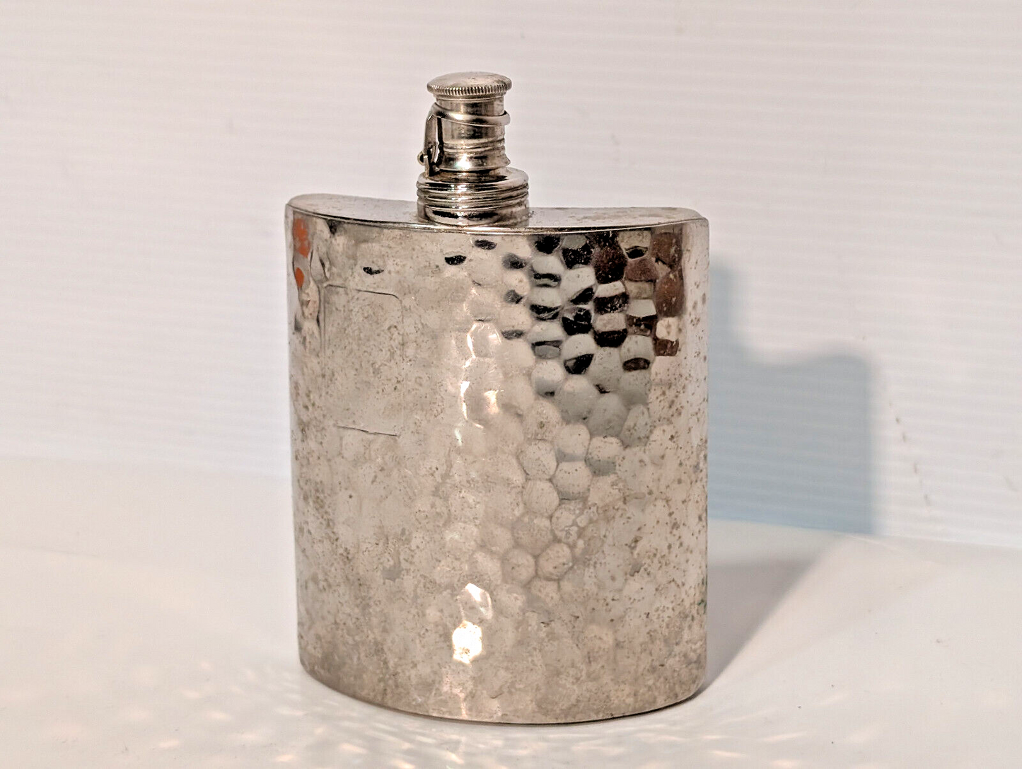 Vintage Hammered Silver Tin-Lined 8oz Liquor Curved Flask, Made in West Germany