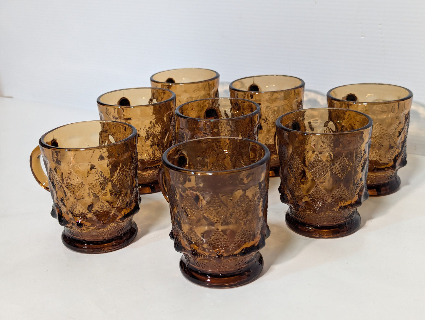 Vintage 8 Piece Anchor Hocking Amber Brown Glass Kimberly Diamond Cups Fire King