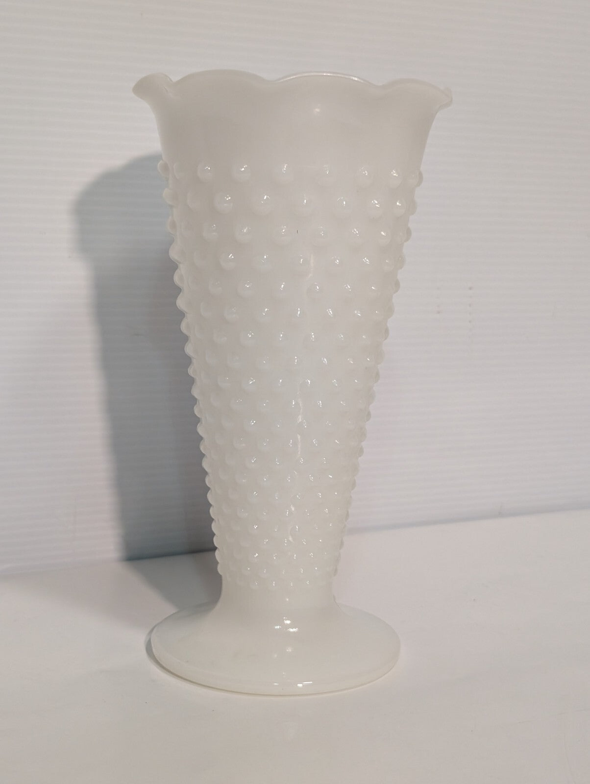 Vintage Anchor Hocking Milk Glass Hobnail Trumpet Vase Ruffled Scalloped Rim
