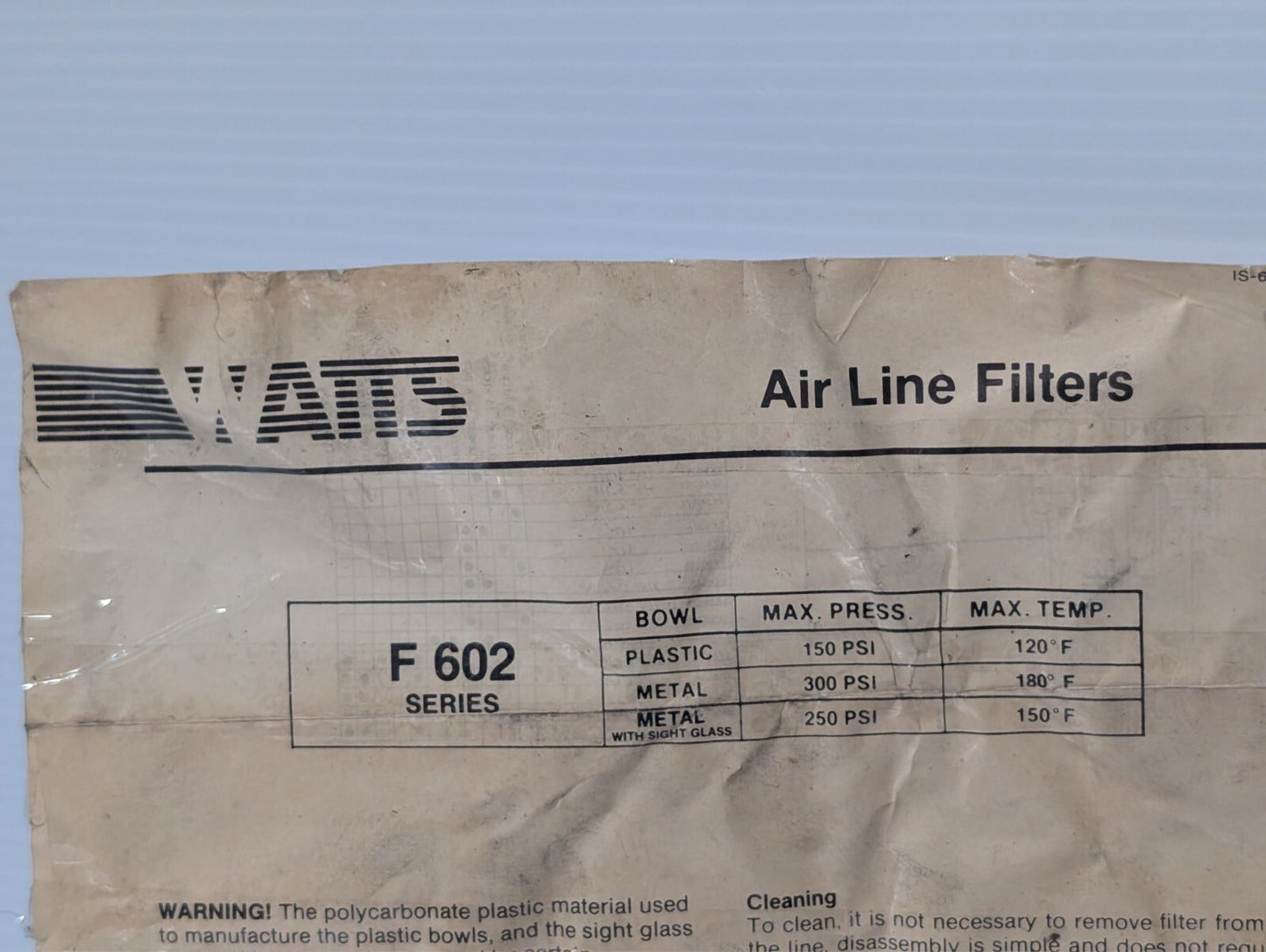 Watts Fluidair F602-034WJ M5 Pneumatic Filter, 250psi, 150º F Max Temp, 1/2"