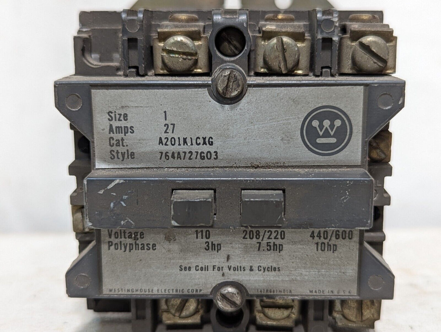 Westinghouse A201K1CXG contactor, size 1, 10HP, 27A, 440/480VAC