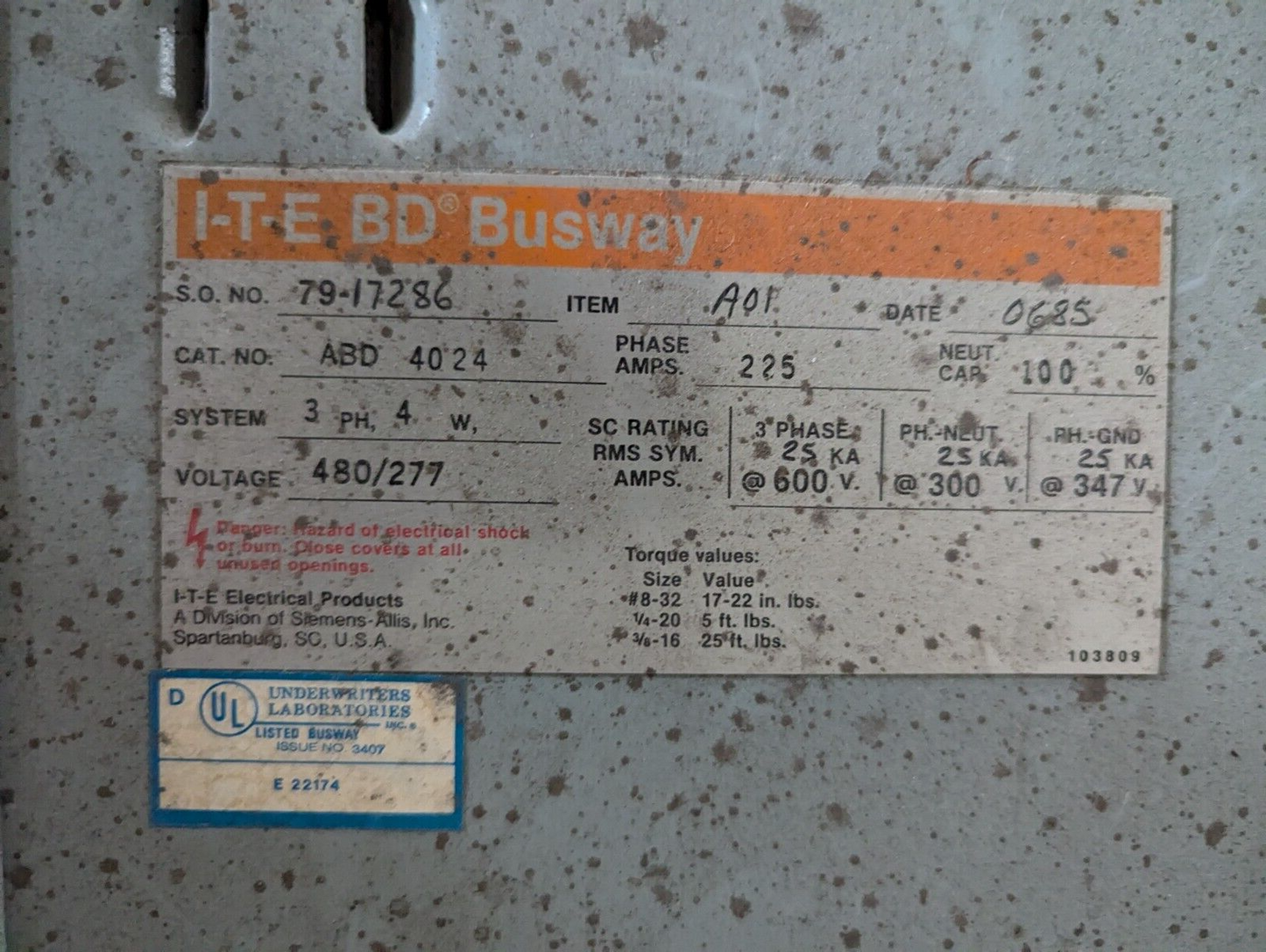 I-T-E ABD4024 BD Busway, 225A, 480/277V, 3 phase, 4 wire, 10 ft, Aluminum