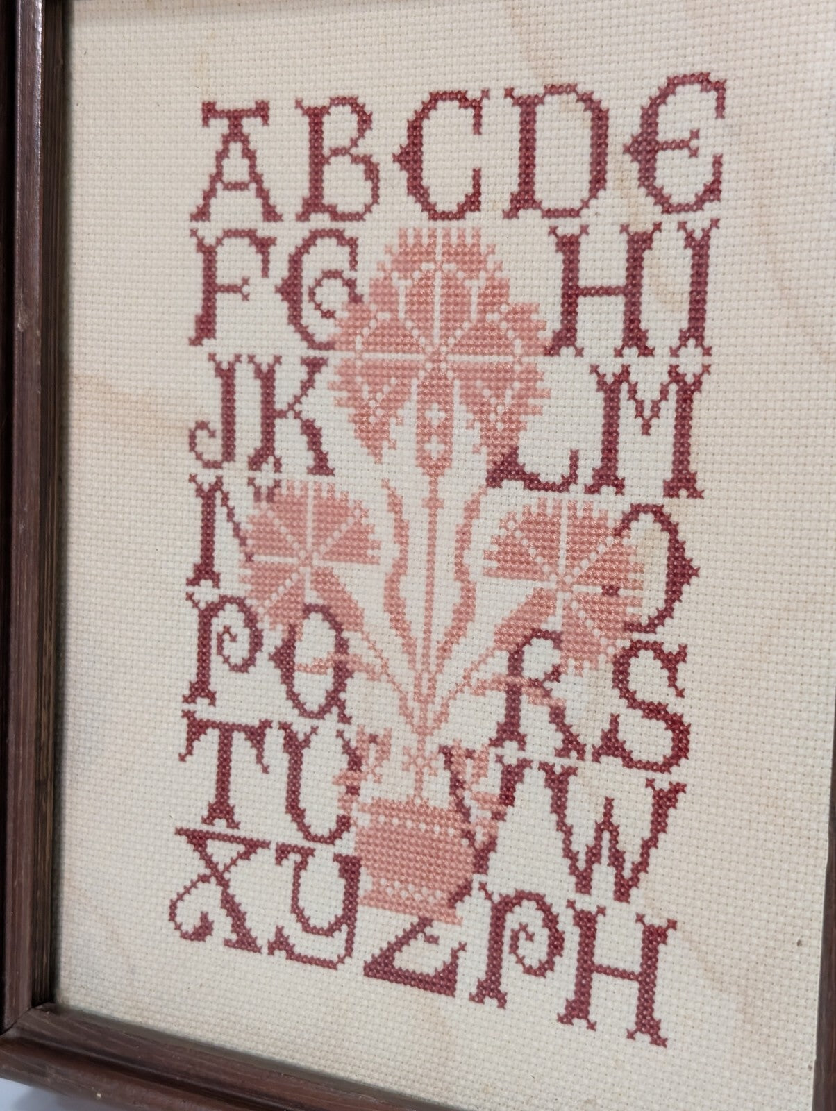 Vintage Framed Needlepoint Cross-Stitched Alphabet Quaker Sampler