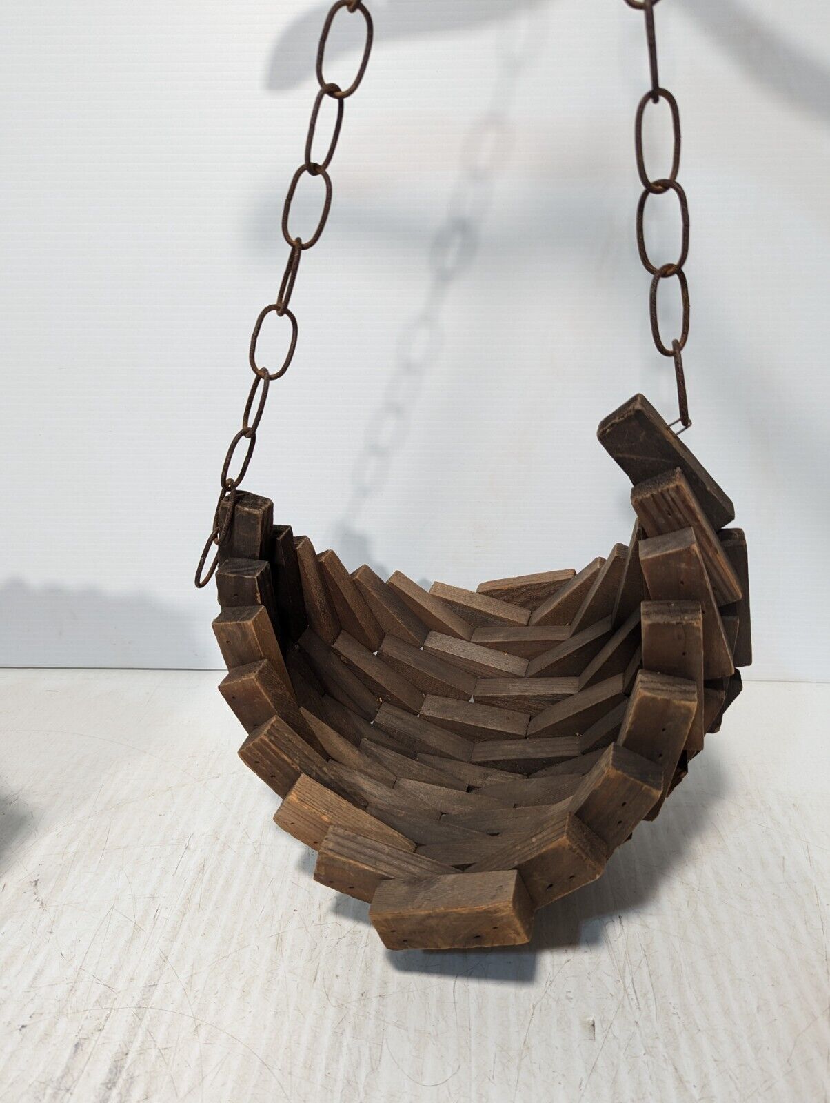 Vintage Wood Block Plant Hanger - Teardrop Shaped Hanger on Chain - Free Ship