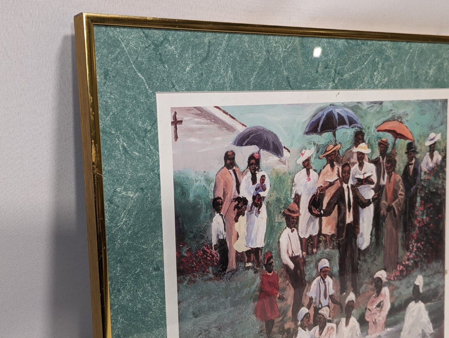 African American Folk Art Print - River Baptism - Framed 18"x15"