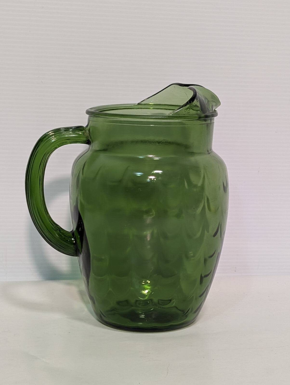 Vintage 1970s Olive Avocado Green Scale Textured Glass Water Pitcher 8" Tall