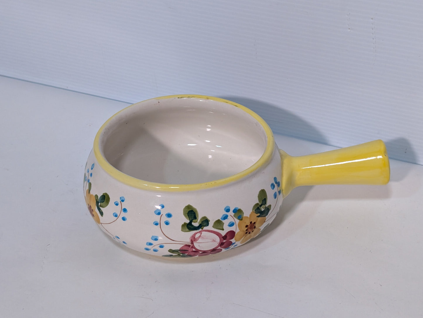 Vintage Hand Painted Soup Crock Pot Ceramic Dish Flowers Yellow Blue Green Berry