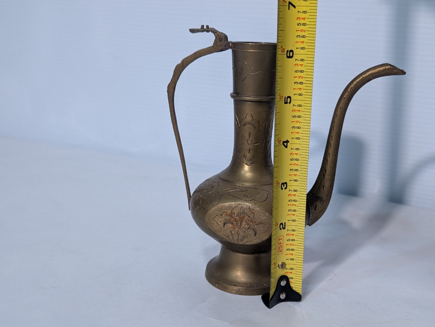 Vintage Moorish Brass Etched Indian Aftaba Ewer Water Pitcher 6.5" Tall