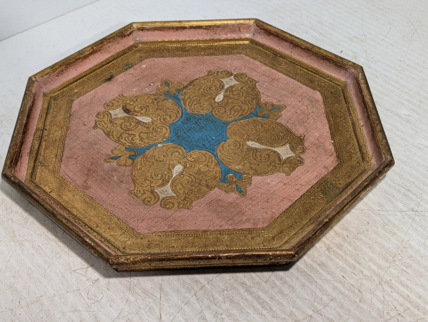 Vintage Wooden Octagonal Tray, Intricately etched and hand painted - Free Ship