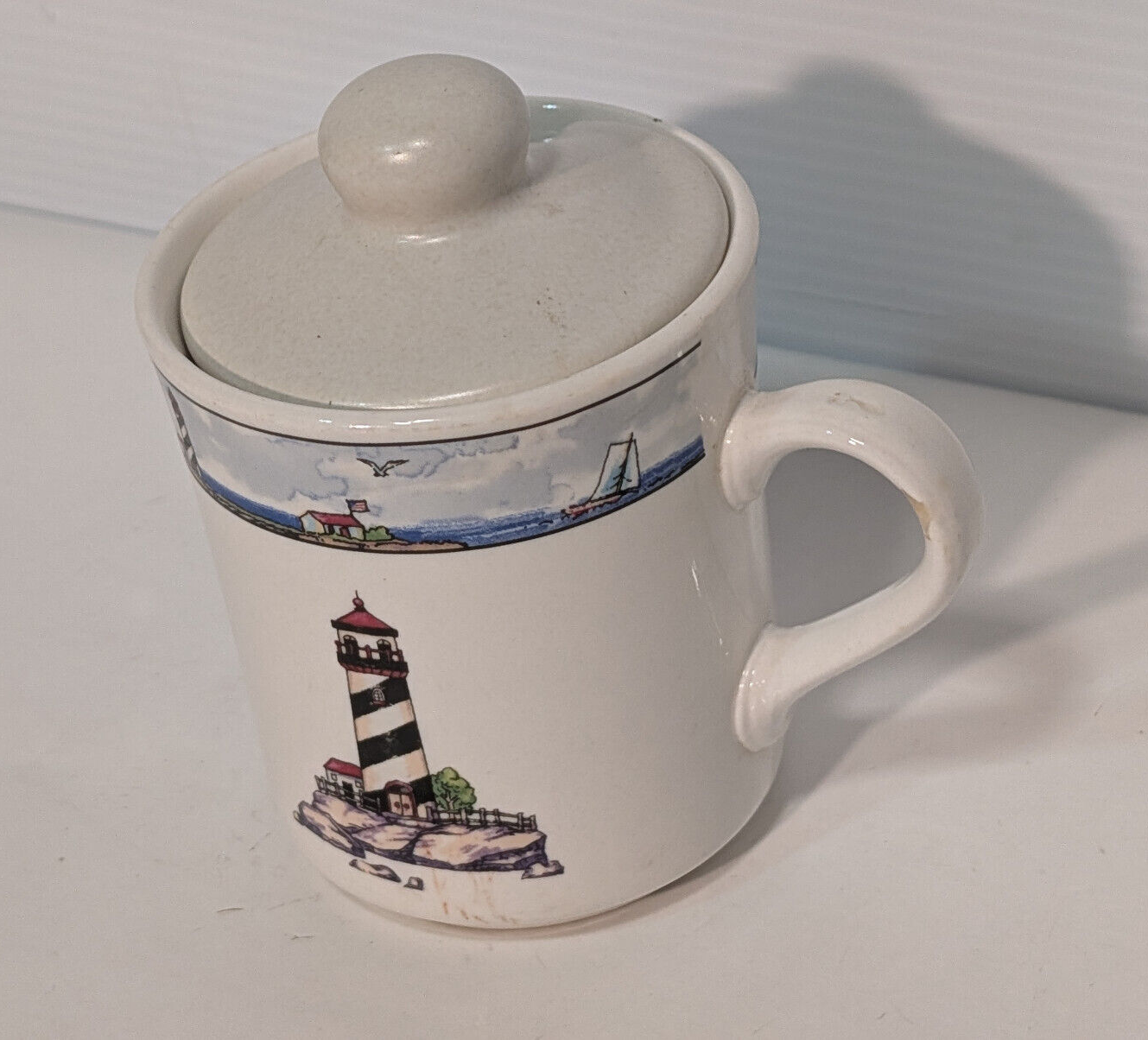 Vintage Lighthouse Maritime Sailboats Ceramic Stonewear Lidded Tea Coffee Mug