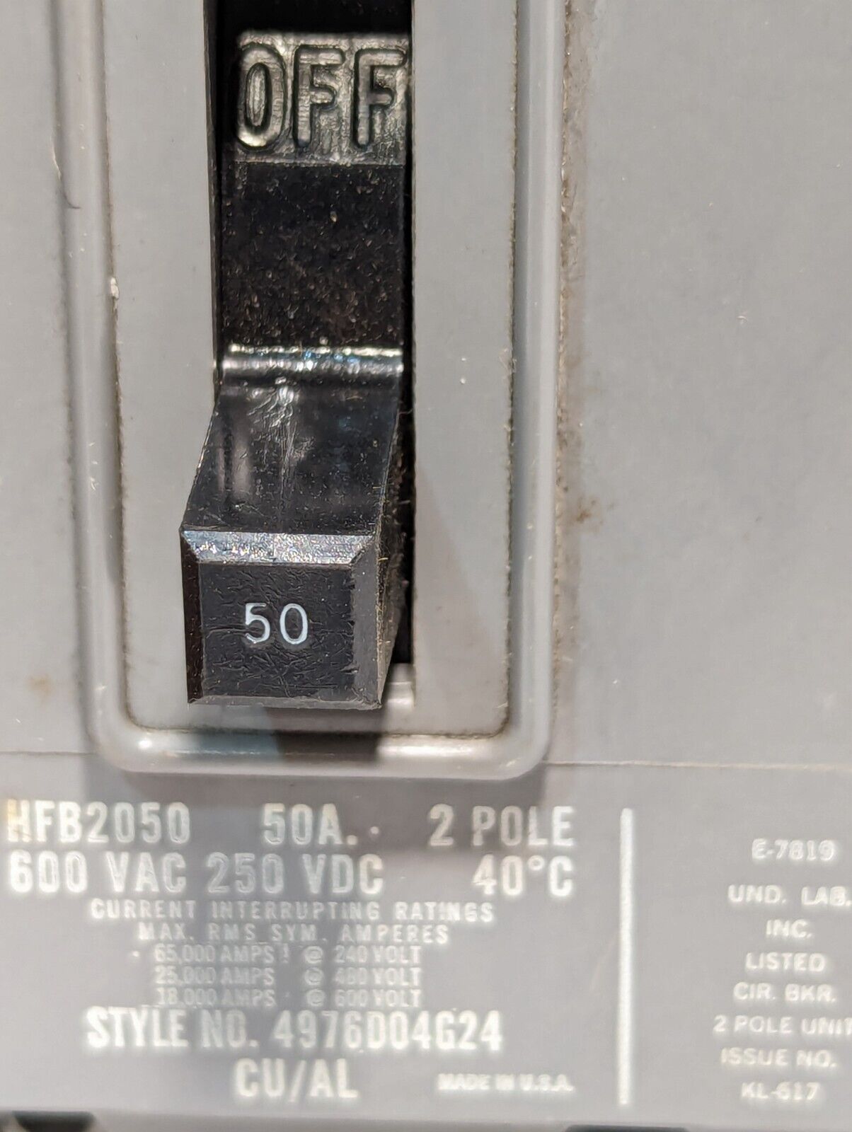 Westinghouse HFB2050 Circuit Breaker, 50A, 600VAC/250VDC, 2-Pole - Free Shipping