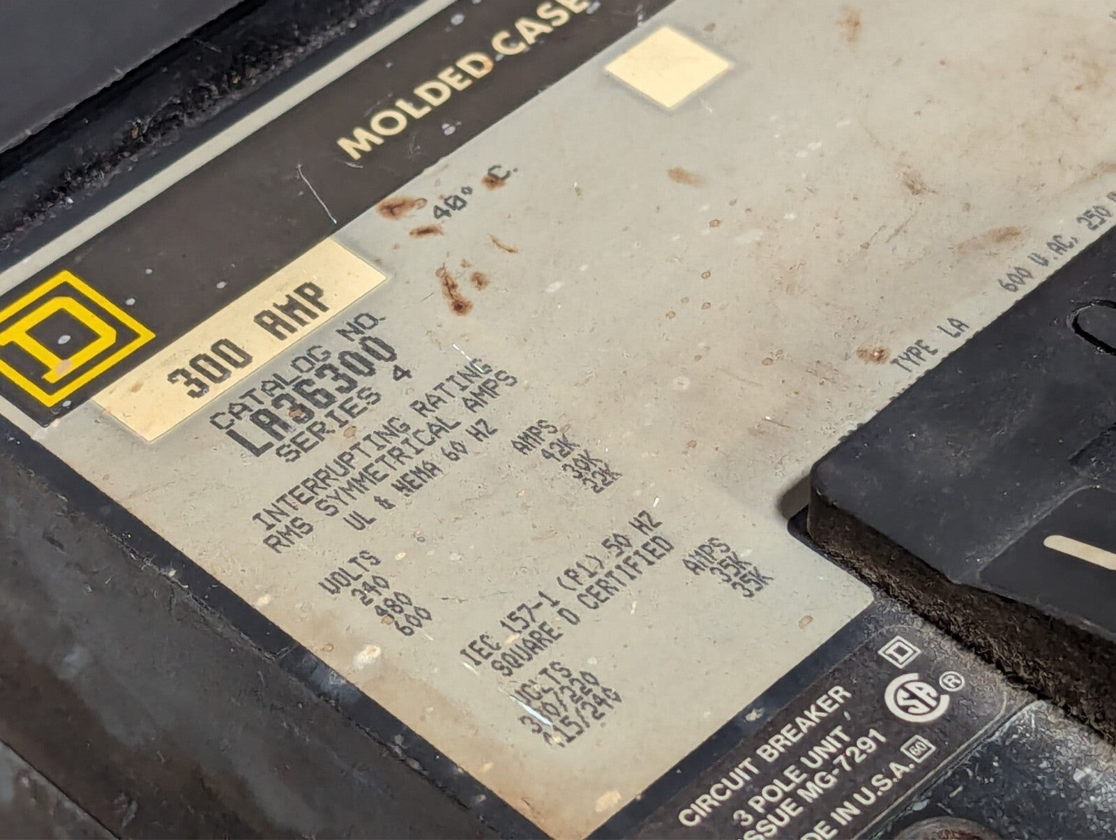 Square D LA36300 I-Line Plug On Circuit Breaker 300A 600V 3P 3PH LA 300A 3 Pole