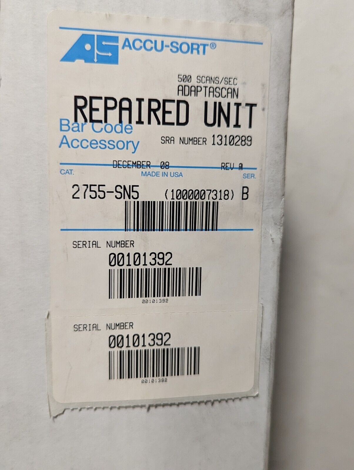Accu-Sort 2755-SN5 Adaptascan bar code accessory, 500 scans/sec, factory repair