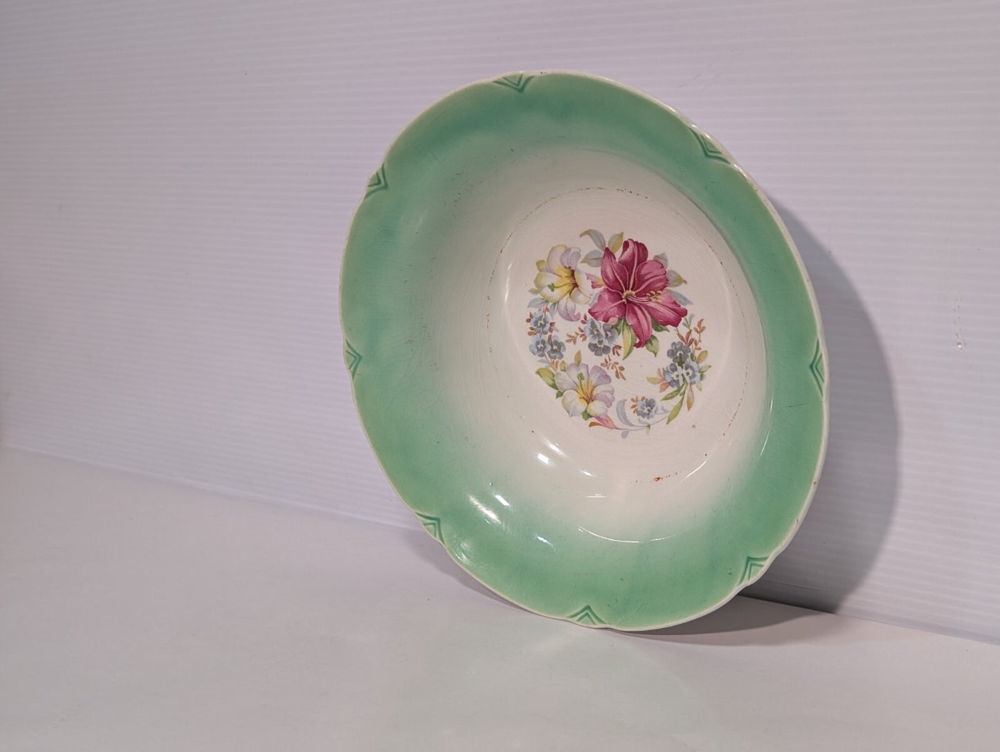 Vintage Porcelain Green + White with Floral Bouquet Serving Bowl 9 1/2" Diameter