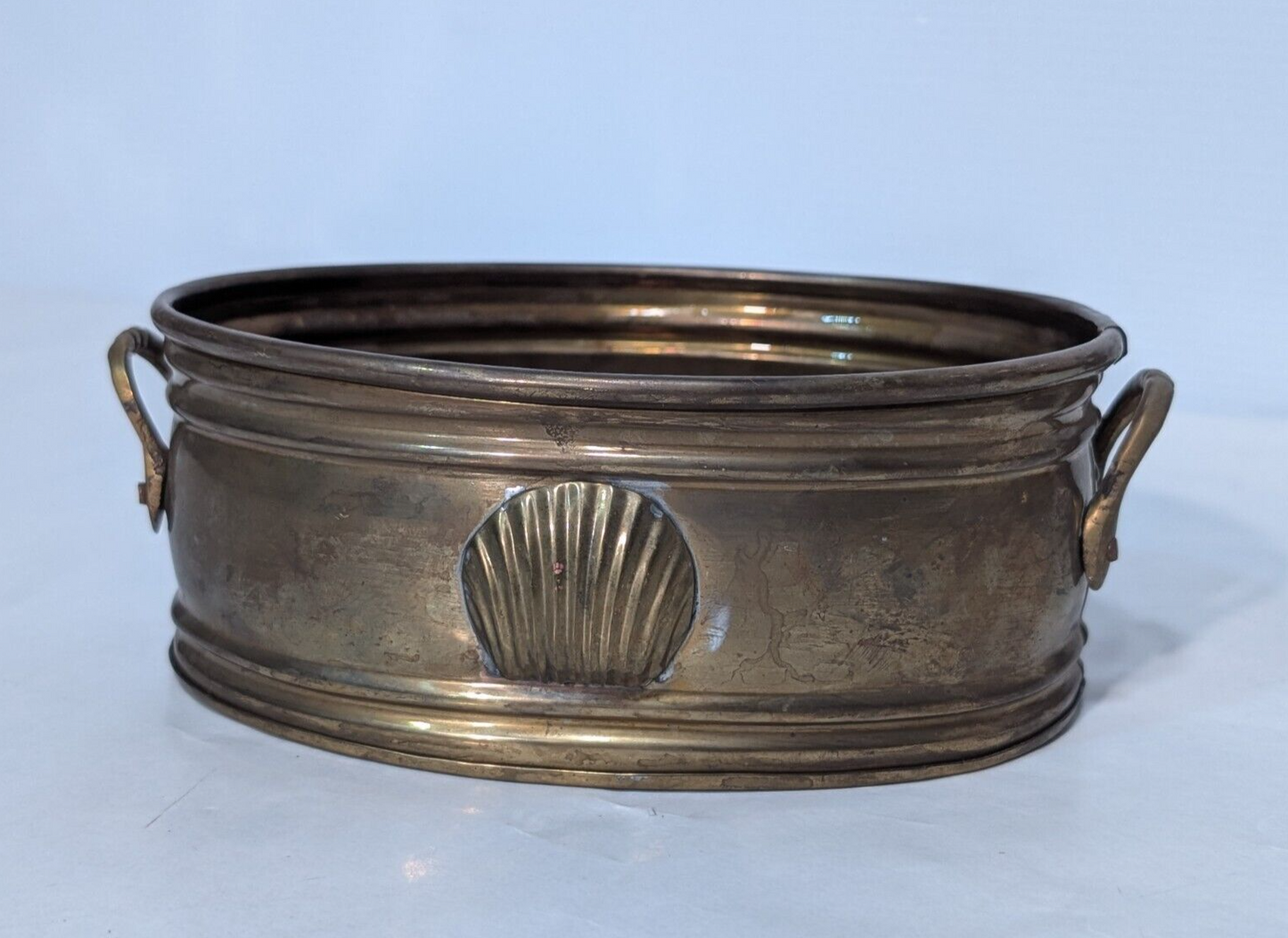 Vintage Brass Oval Planter Bucket/Tub With Handles, Scallop Imprint