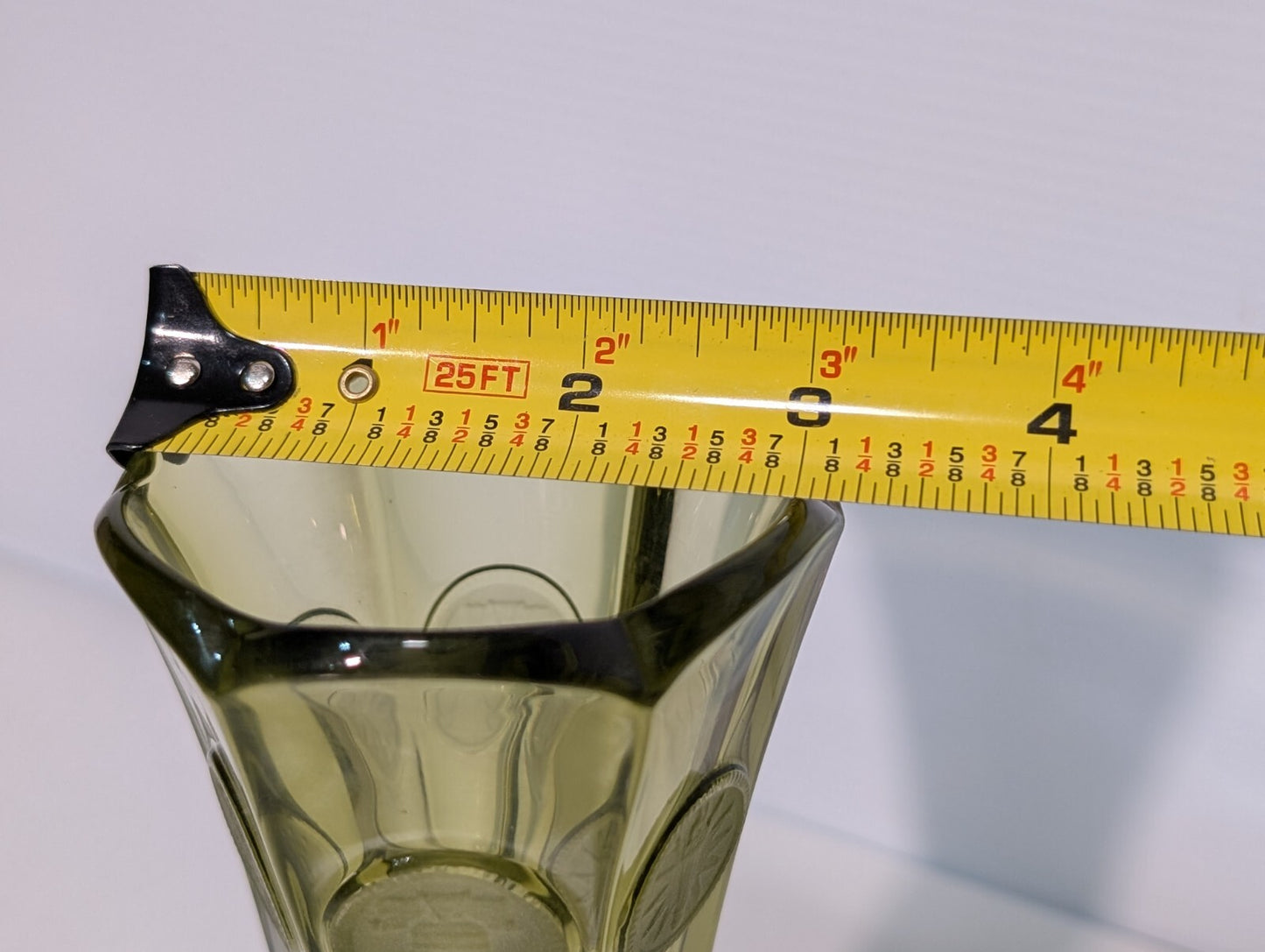 Vintage Fostoria 6-Sided Olive Green Glass American Liberty Coin Bud Vase 8"