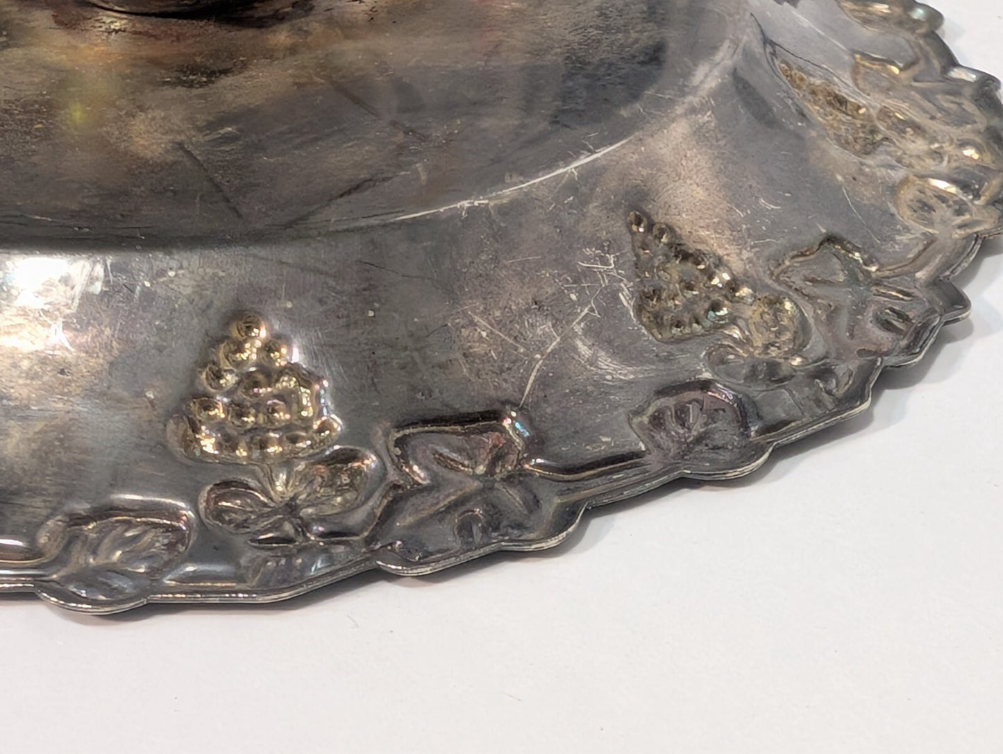 Vintage Bugle Candlestick 9" and Silver Plated Tray with Grapes, Sheffield 6"
