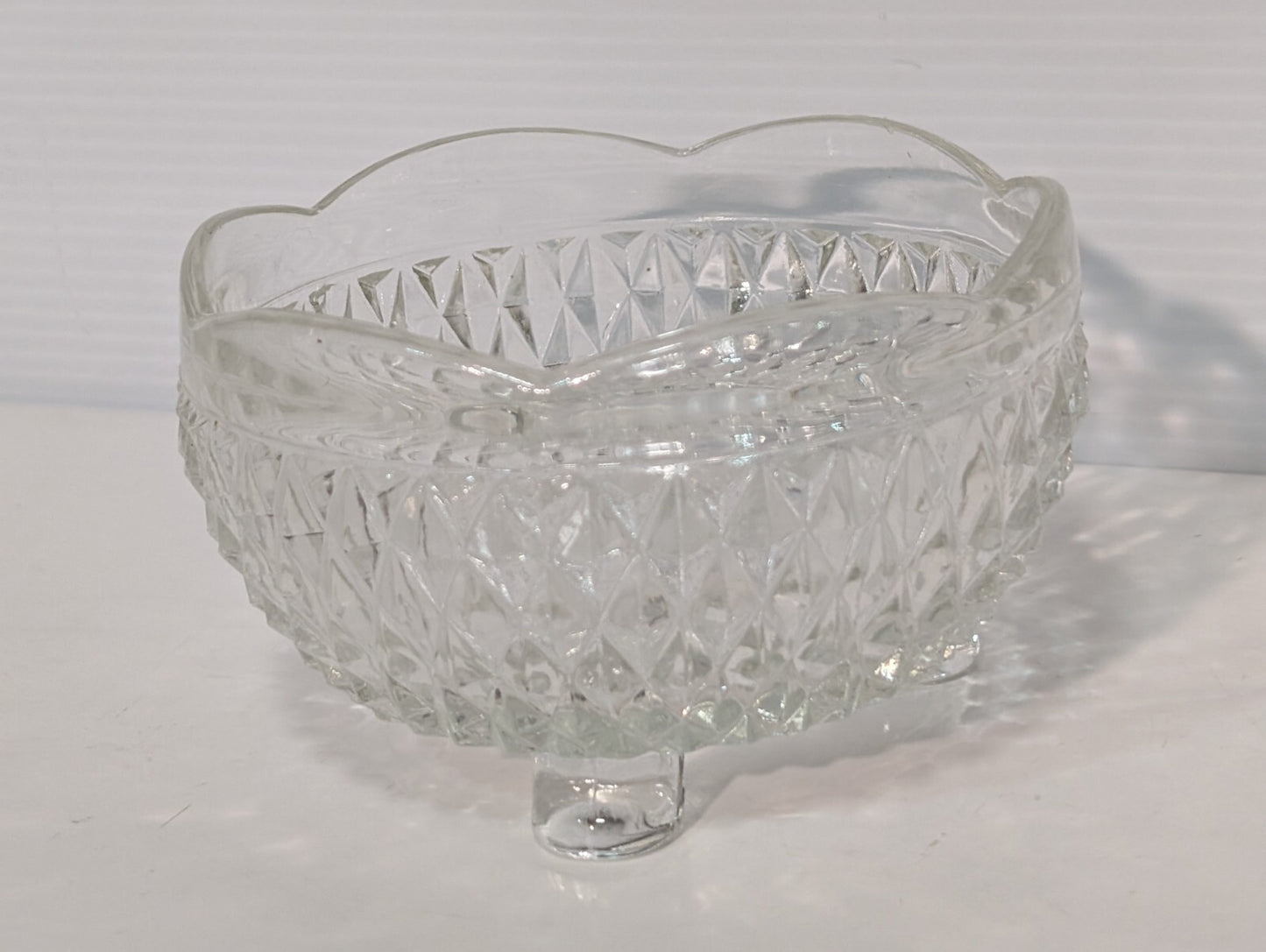 Vintage Indiana Glass Clear Diamond Point 3 Toed Candy Dish 5” x 3”