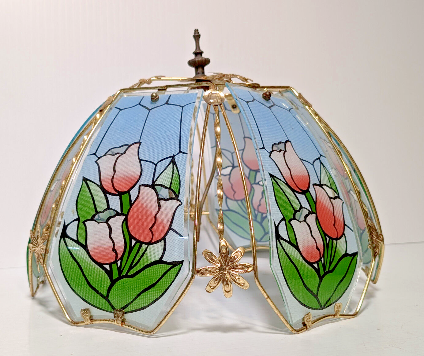 Vintage 80's Tiffany Style Tulip Glass, Brass Lamp Shade Sky Blue, Pink, Green