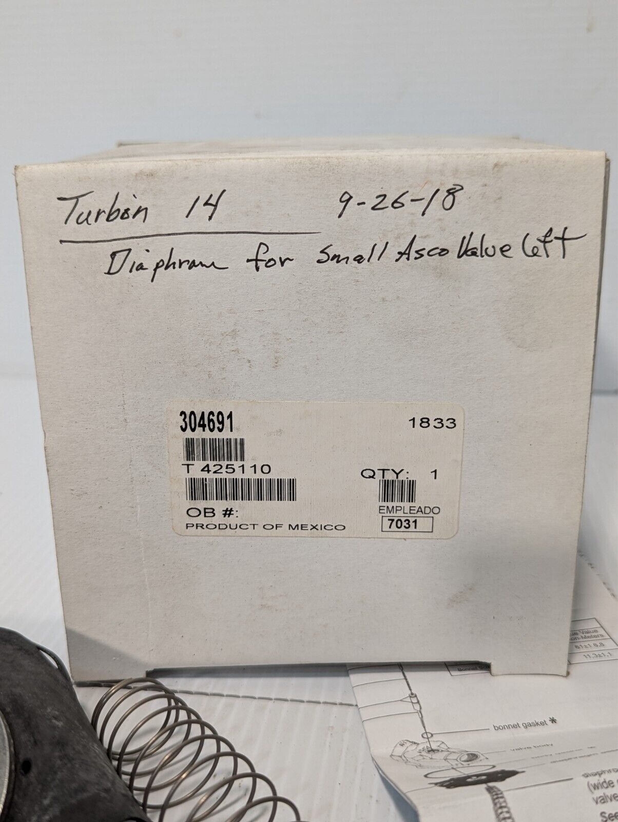 Incomplete ASCO 304691 valve rebuild kit, diaphragm, Grainger 4ELR6 as pictured