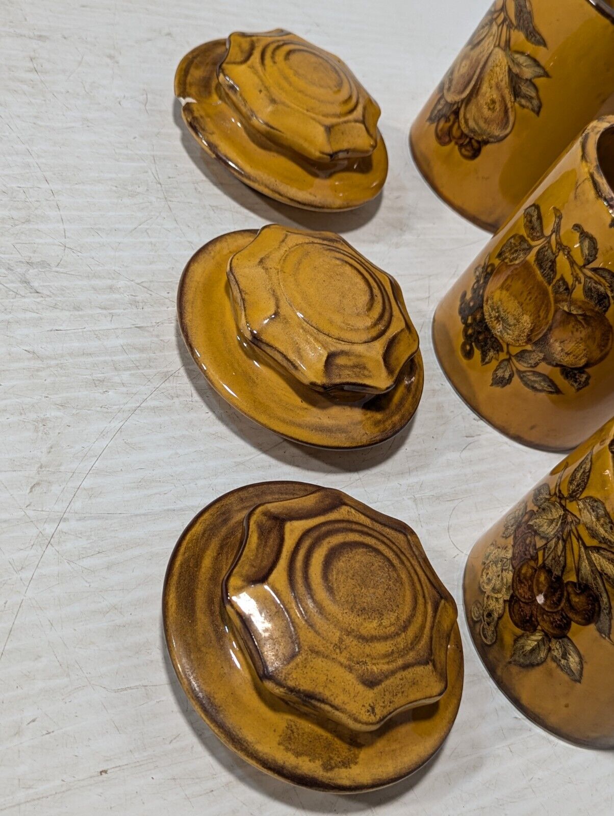 Vintage 60s Canister Set of 3, Vineyard Fall Design, Kitchen Deco -Free Shipping