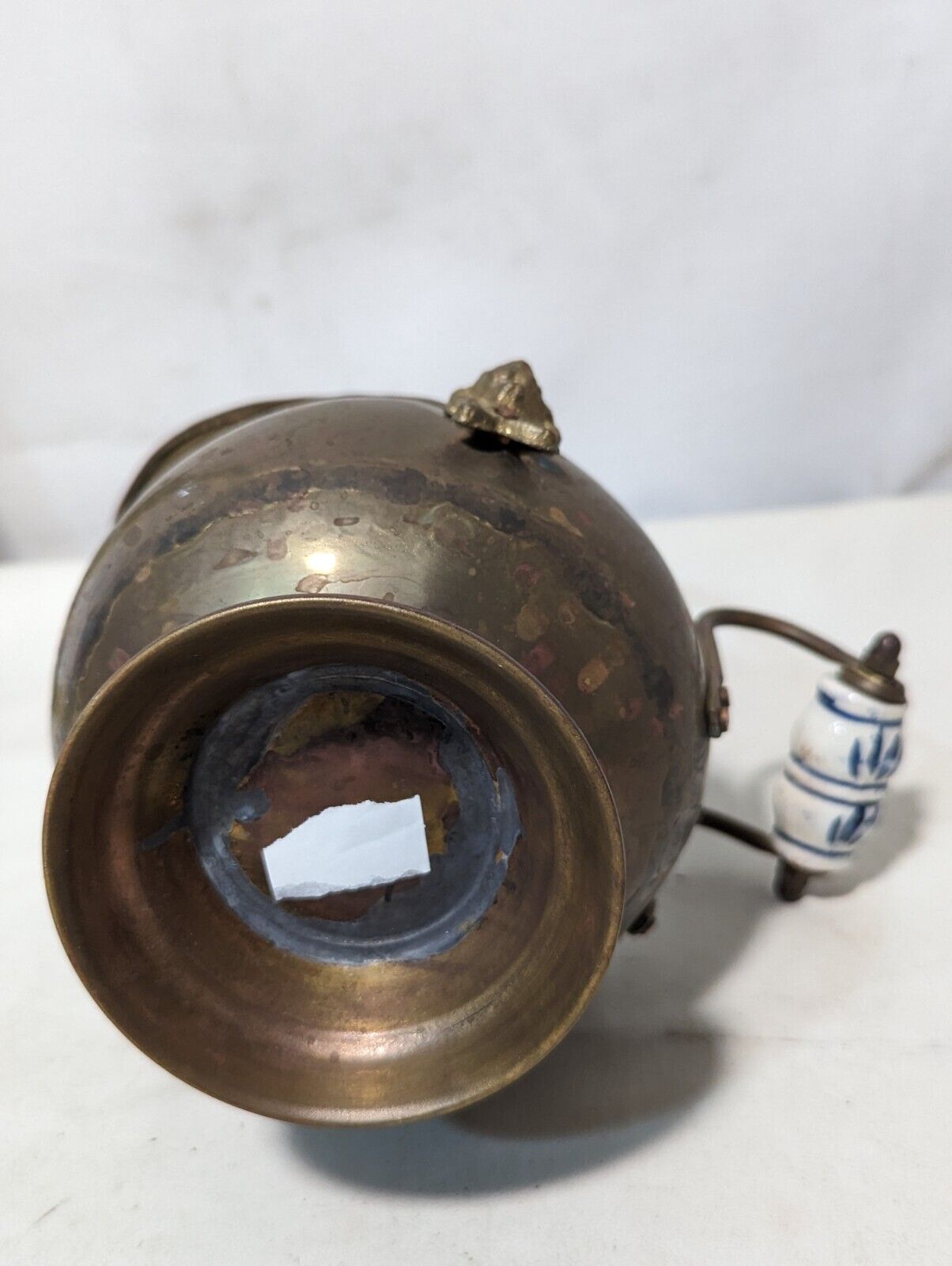 Vintage Copper Coal Scuttle Bucket w/Delft Holland Handle & Lions Head