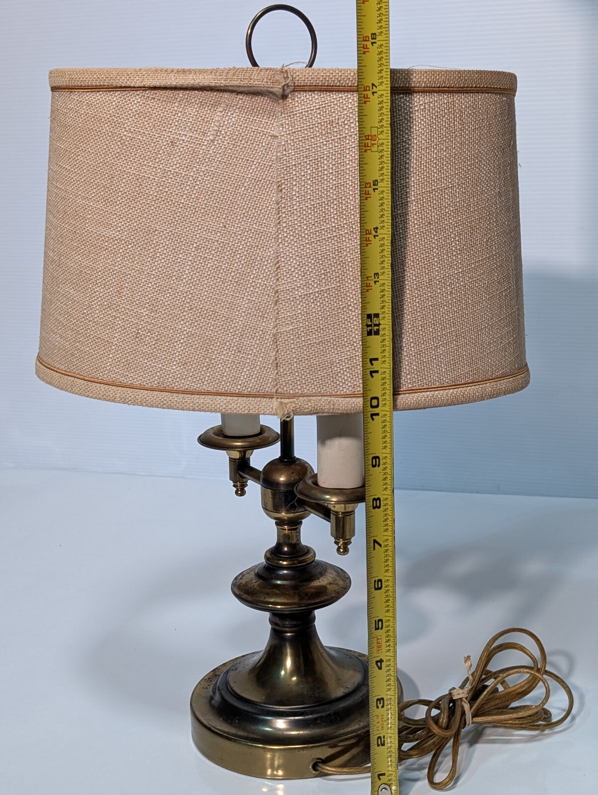 Vintage 1970s Brassy Double Candlestick Table Desk Lamp, Linen Shade, 6" Base