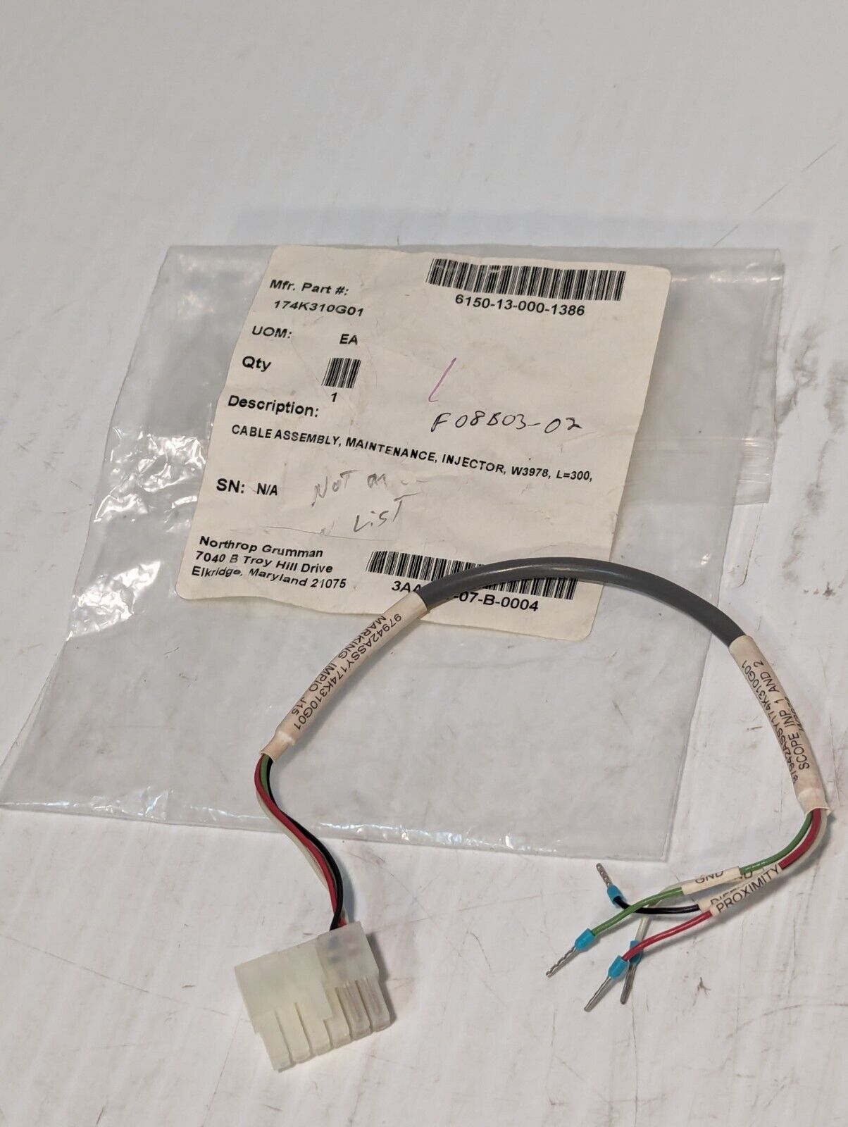 174K310G01 Maintenance Injector Cable Assembly, 11.8" L, W3978, 6150-13-000-1386