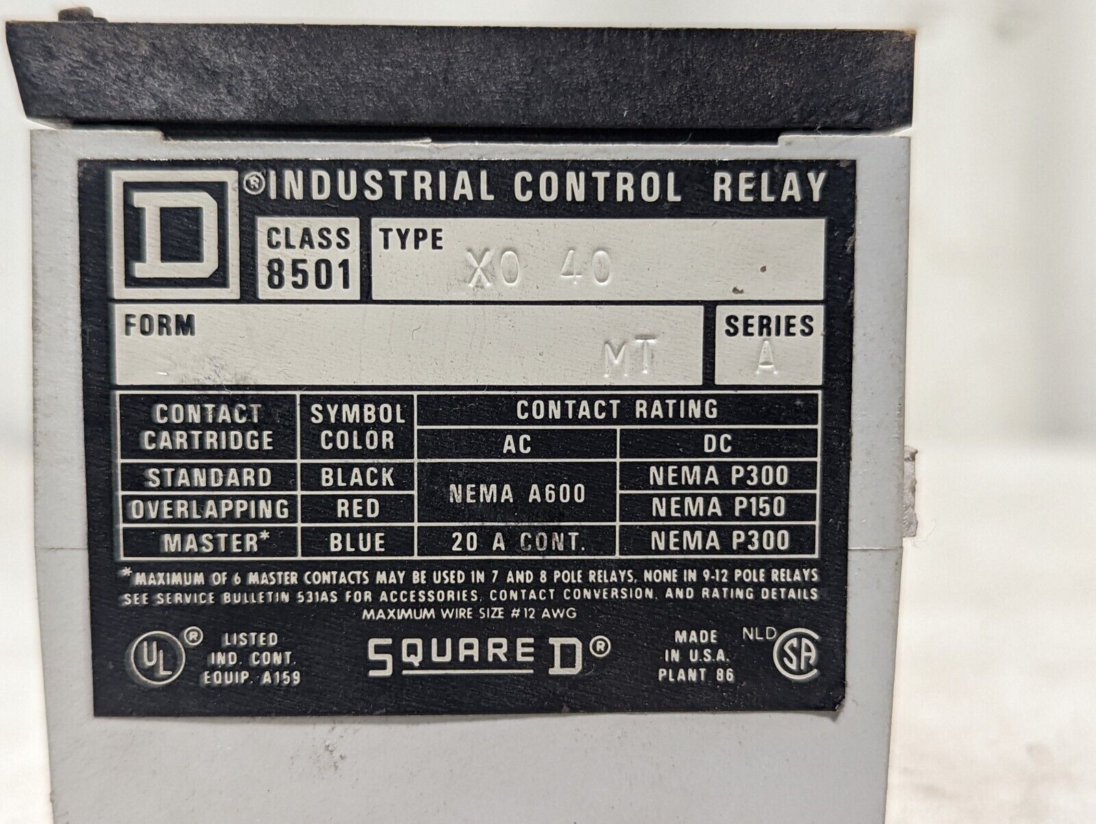 Square D 8501-X040 Industrial Control Delay, Form MT, Series A, as pictured