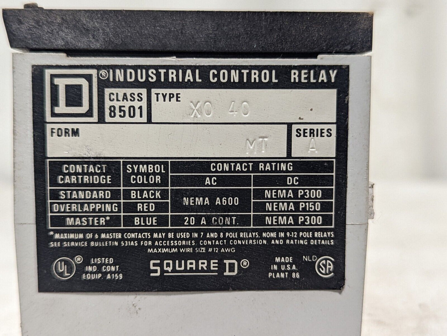 Square D 8501-X040 Industrial Control Delay, Form MT, Series A, as pictured