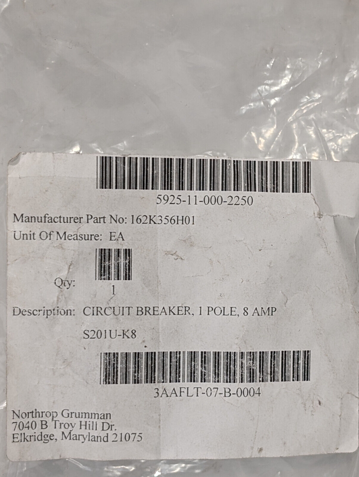 ABB S201U-K8 Circuit Breaker, 162K356H01 8 A, 240 VAC, 50/60 Hz, 1-Pole