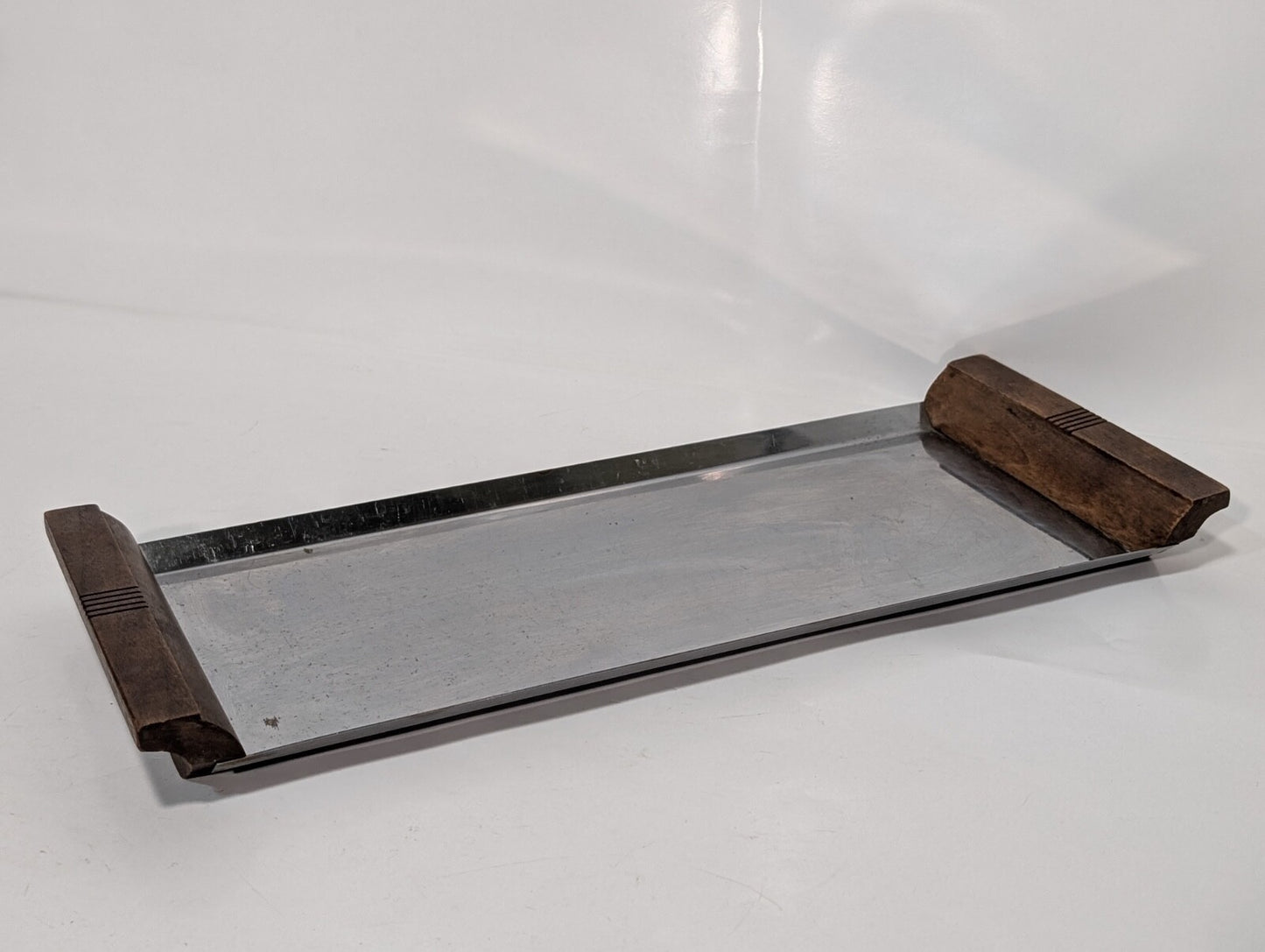Vintage MCM Stainless Steel Serving Tray with Wooden Handles, 7-3/4" x 19"