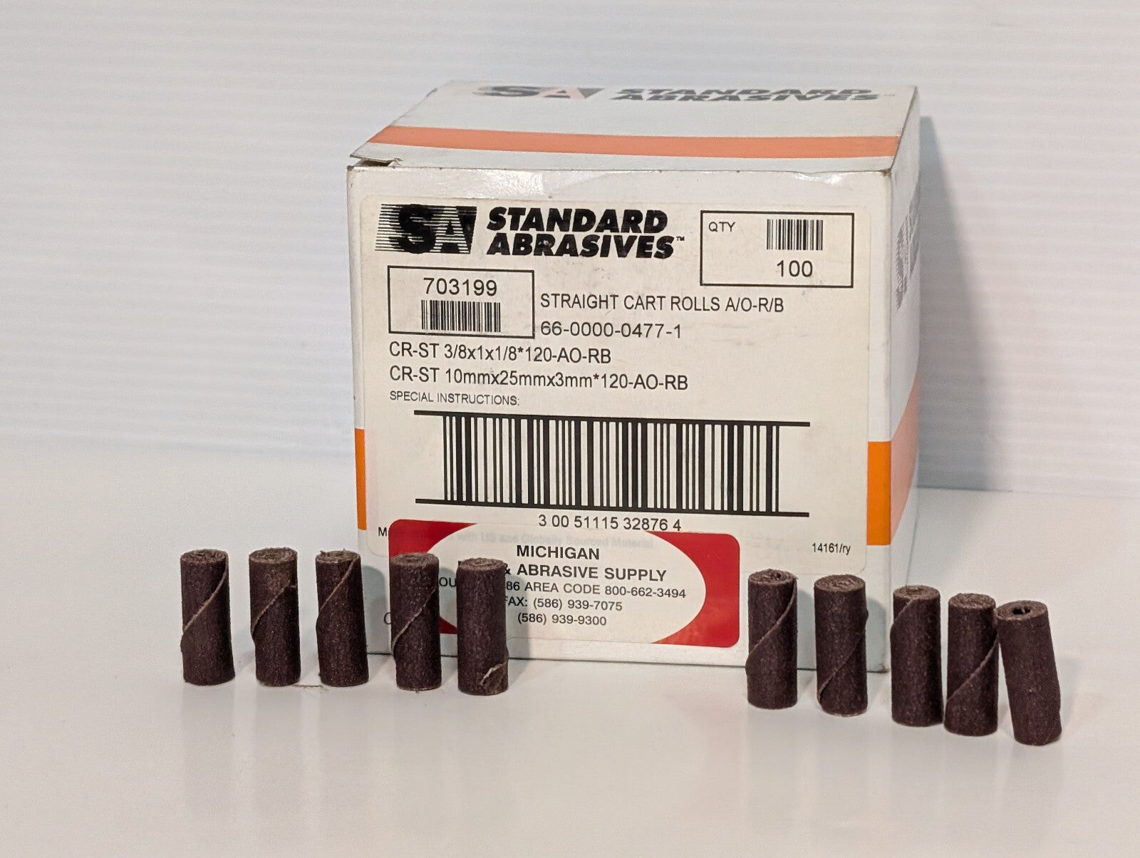 Standard Abrasives 703199 Straight Cart Rolls 3/8x1x1/8 120 AO-RB Grit, 100 Ct