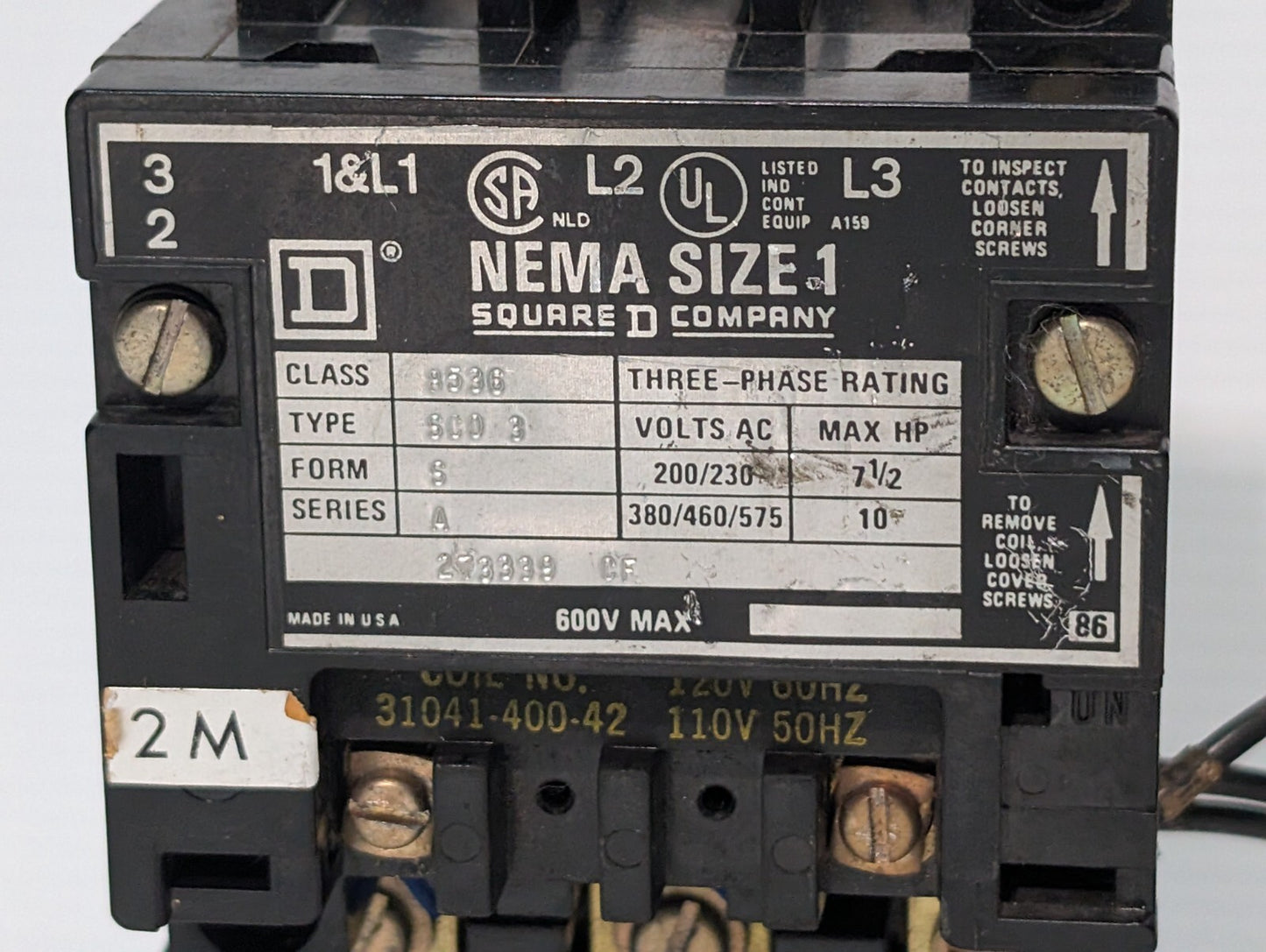 Square D 8536SC03 motor starter, NEMA Size 1, 3 Phase with 31041-400-42 Coil