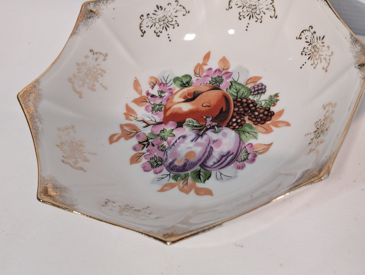 Vintage Antique Victorian Porcelain Bowl Plum Nectarine Berry Fruit Gold Tone